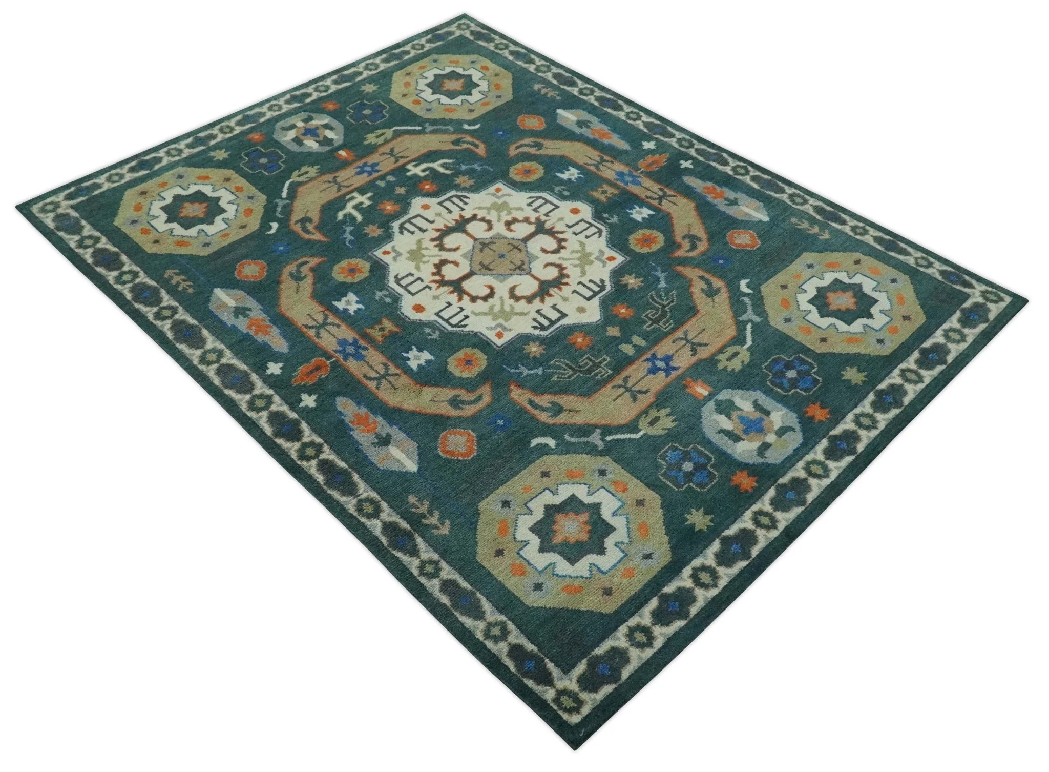 Custom Made Teal and Ivory Hand Knotted Traditional Mamluk Design wool Rug - Image 10