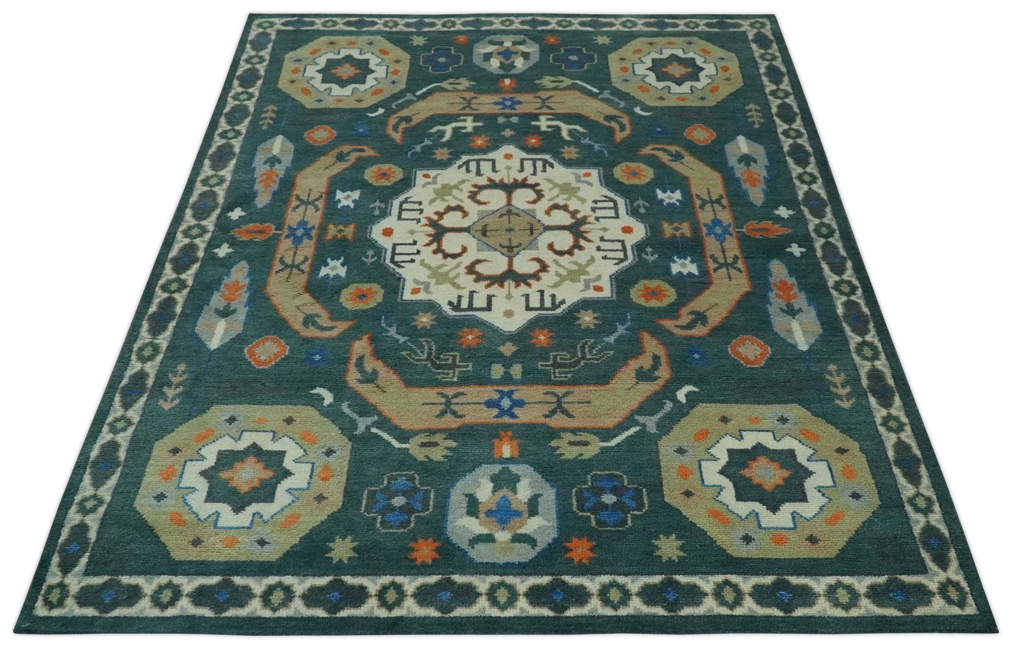 Teal and Ivory 8x10 Hand Knotted Traditional Mamluk Design wool Rug - Image 11