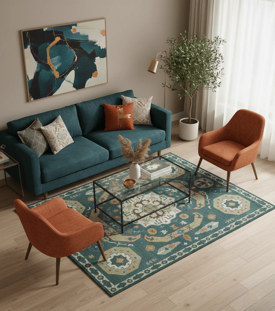 Teal and Ivory 8x10 Hand Knotted Traditional Mamluk Design wool Rug - Image 2