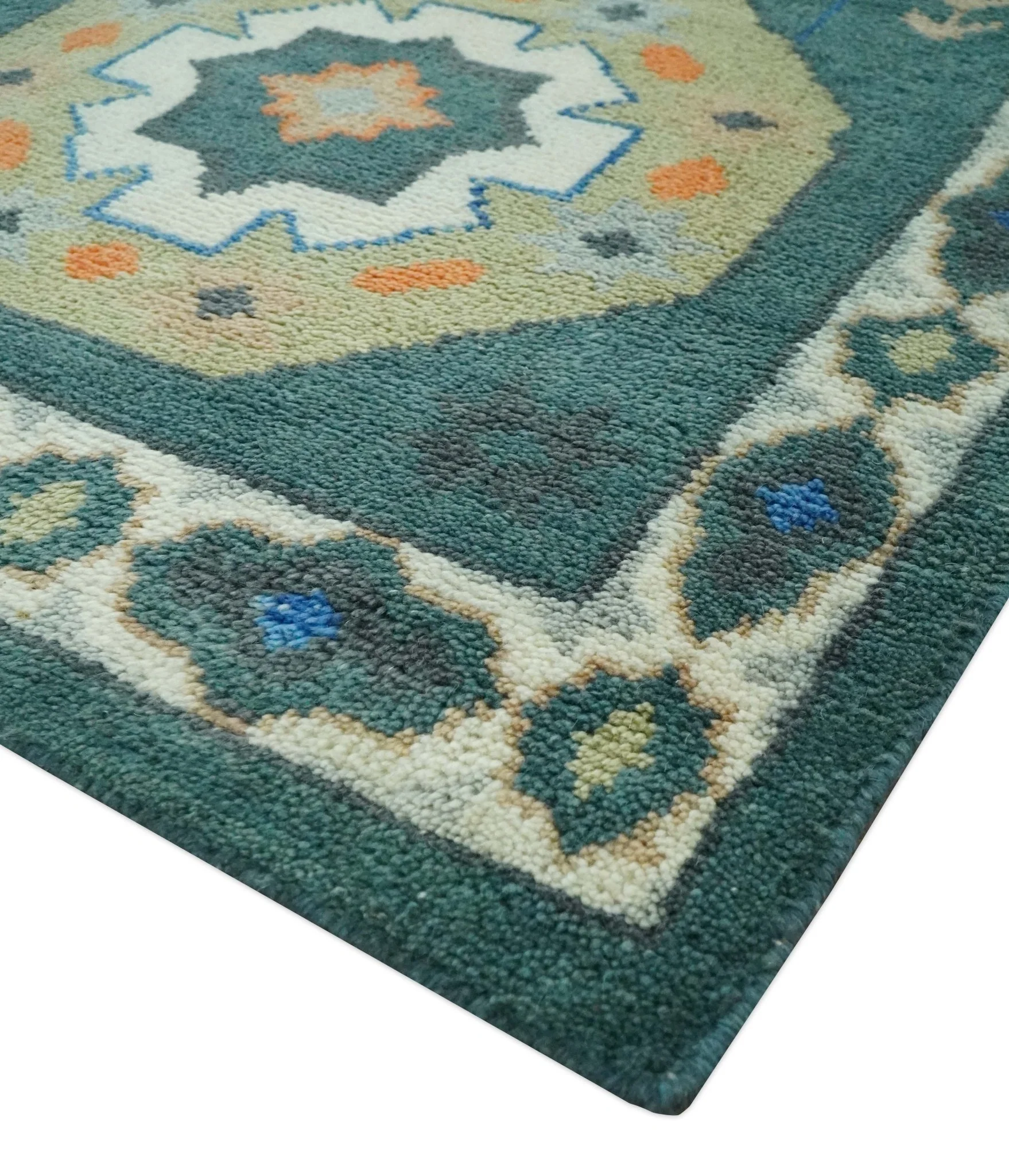 Teal and Ivory 8x10 Hand Knotted Traditional Mamluk Design wool Rug - Image 6