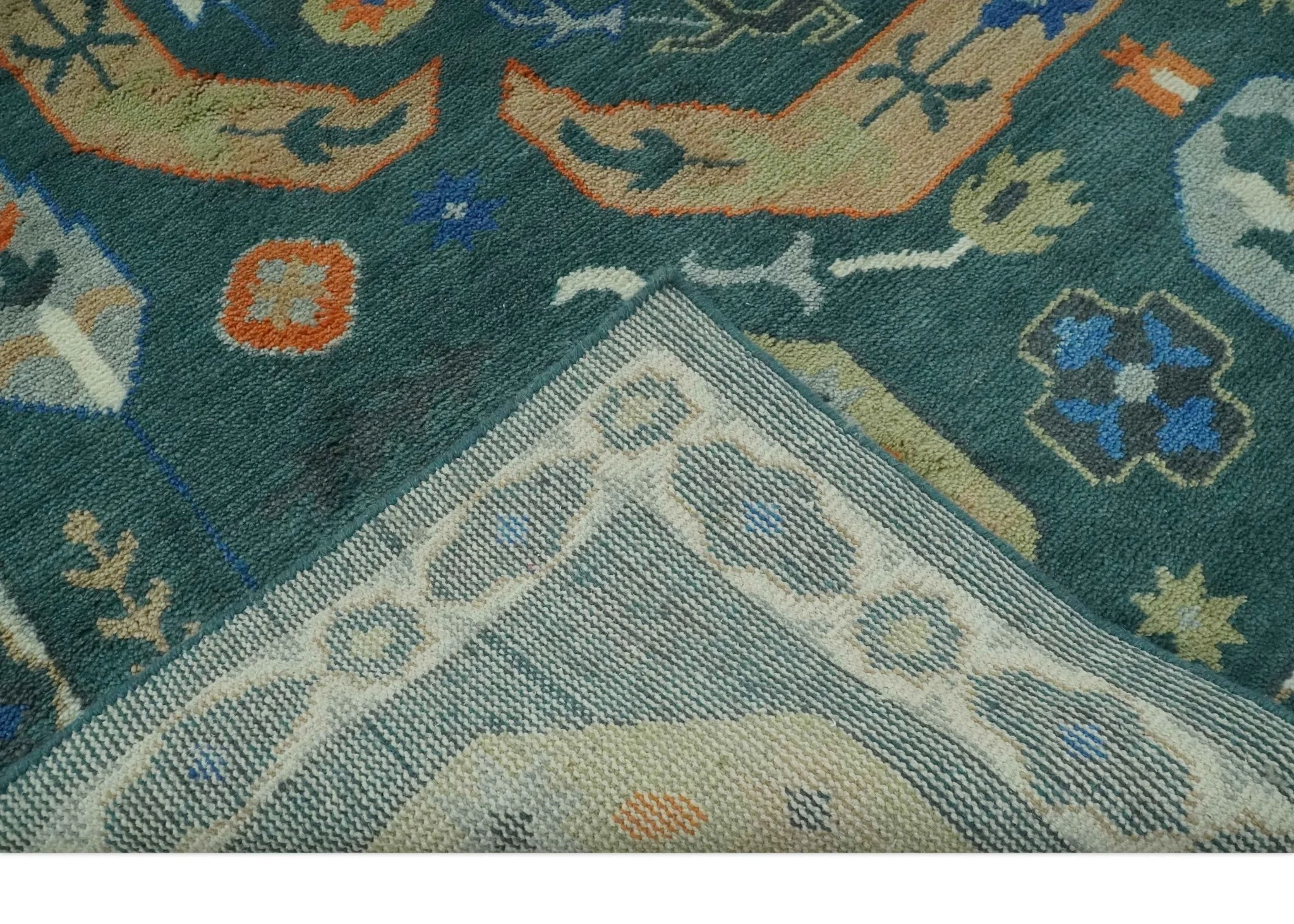 Teal and Ivory 8x10 Hand Knotted Traditional Mamluk Design wool Rug - Image 8