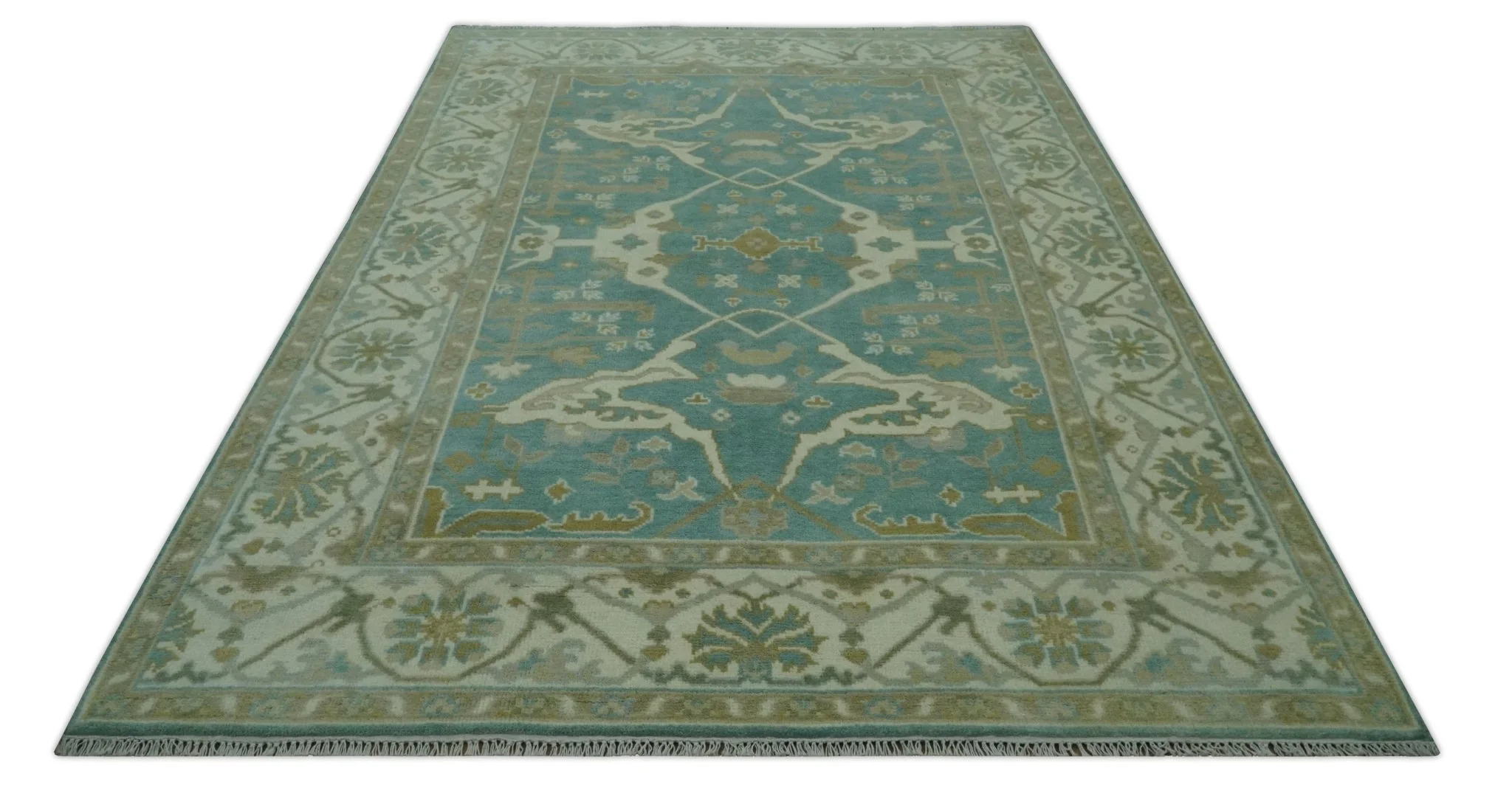 Teal and Ivory Hand Knotted Traditional Oriental Oushak Custom Made wool rug - Image 10