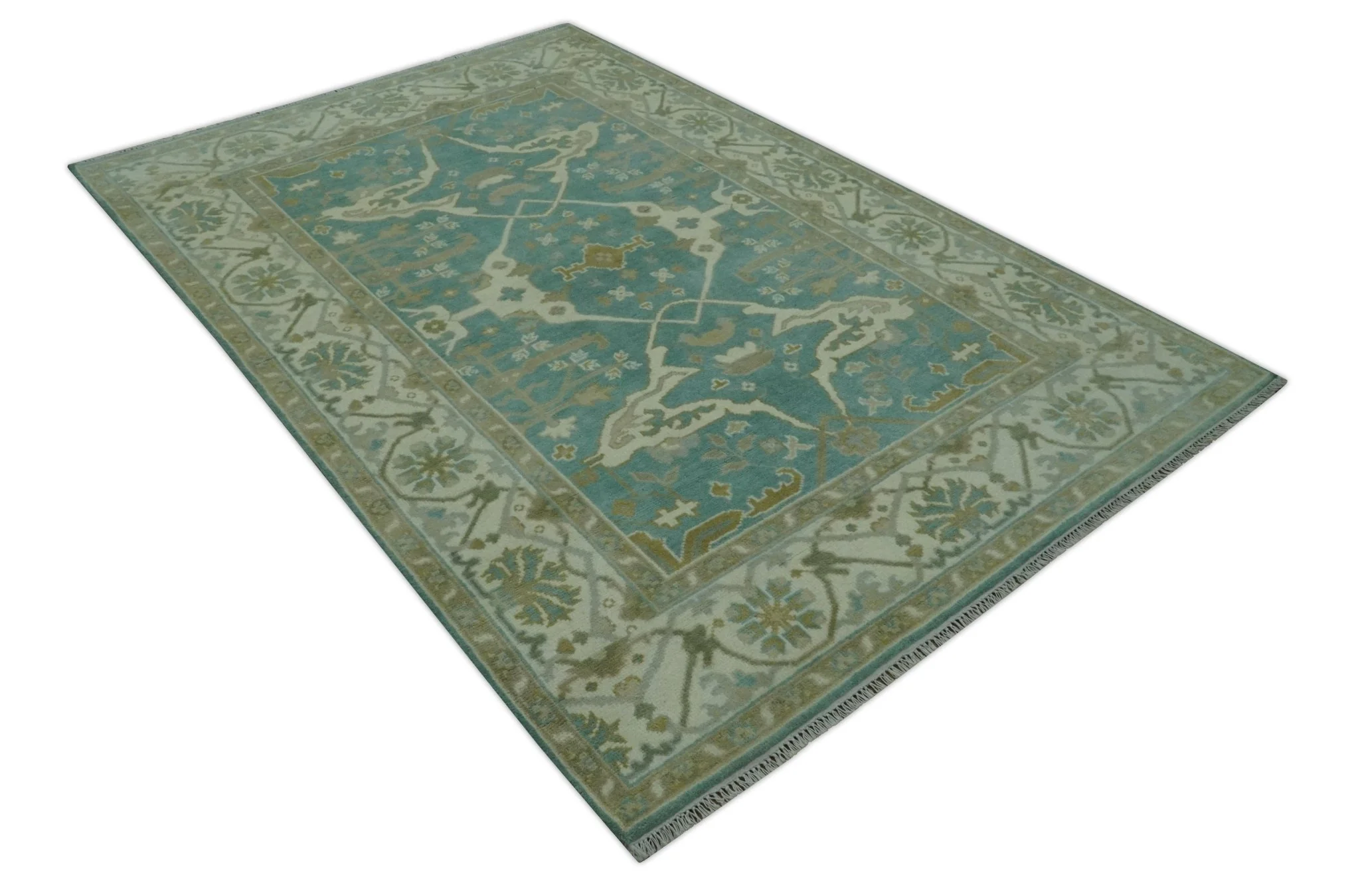 Teal and Ivory Hand Knotted Traditional Oriental Oushak 6x9 wool rug - Image 9