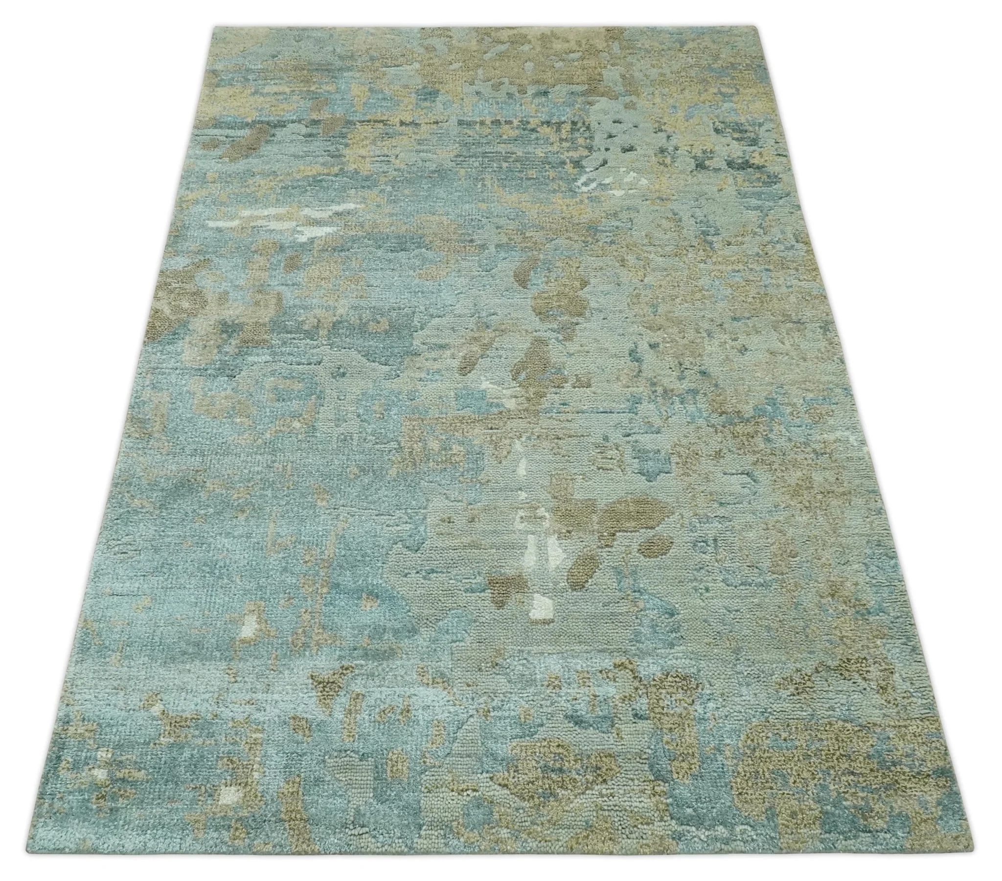 Teal and Olive Modern Abstract Hand Knotted 5x8 wool area Rug - Image 10