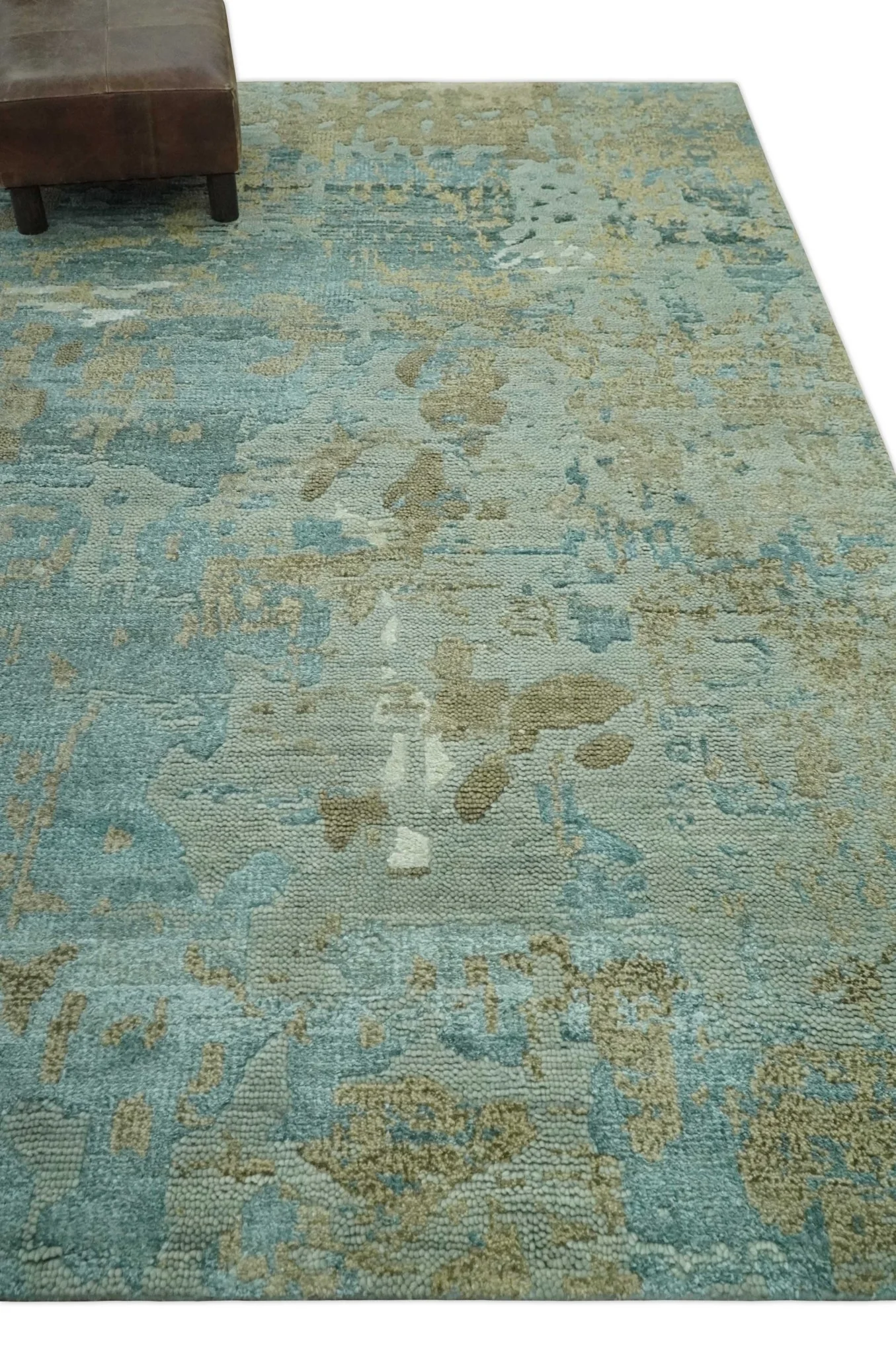 Teal and Olive Modern Abstract Hand Knotted 5x8 wool area Rug - Image 3