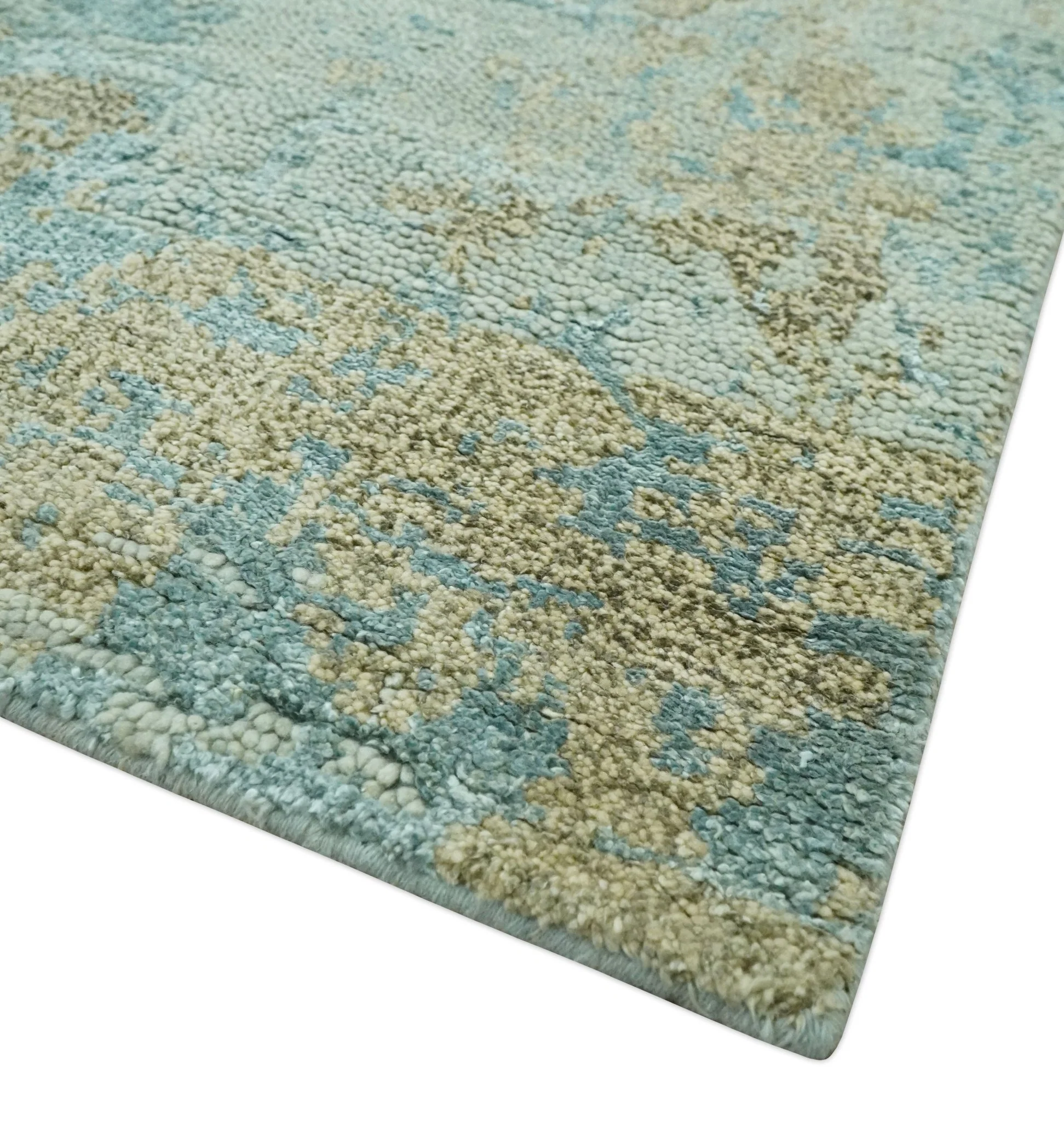 Teal and Olive Modern Abstract Hand Knotted 5x8 wool area Rug - Image 5