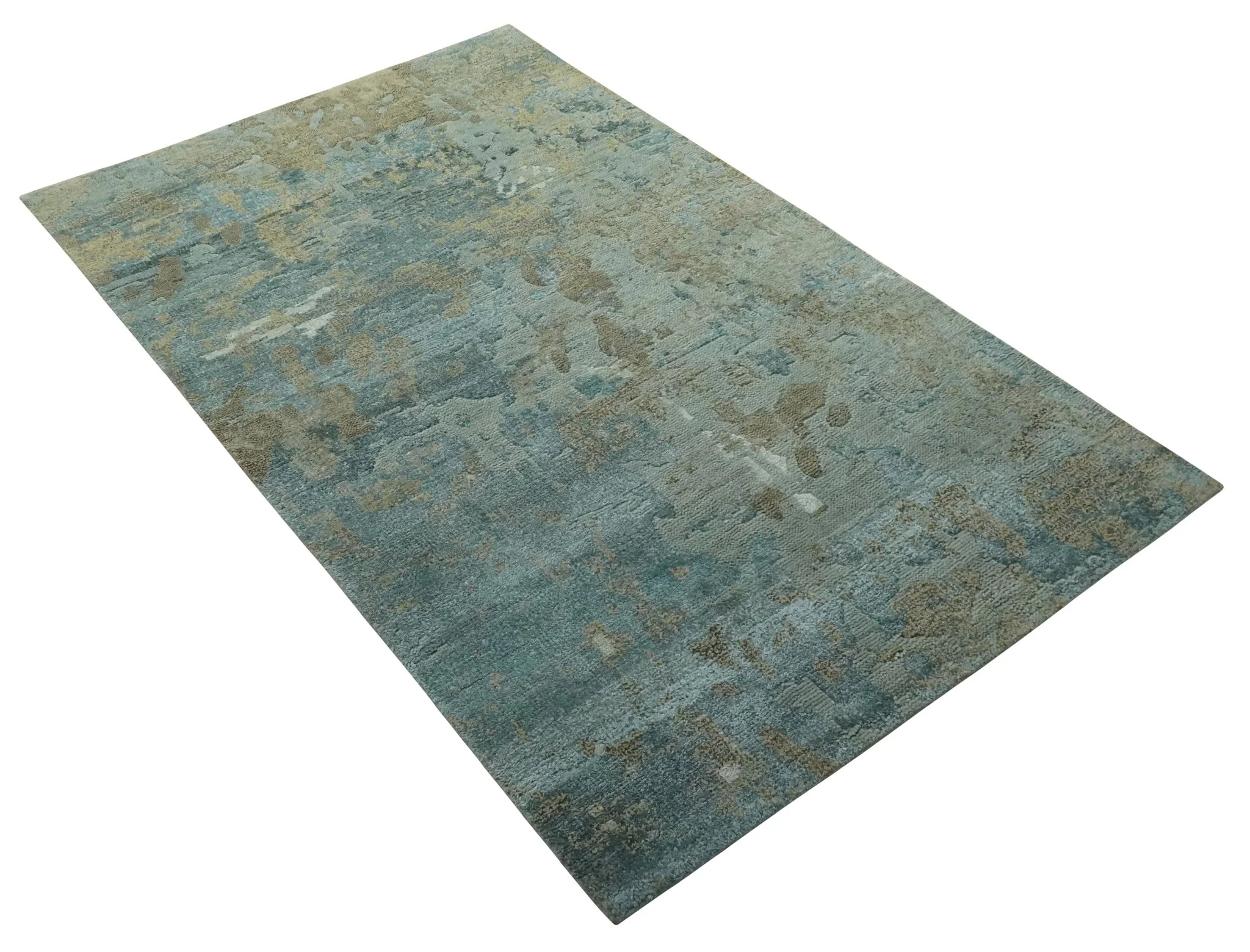 Teal and Olive Modern Abstract Hand Knotted 5x8 wool area Rug - Image 9