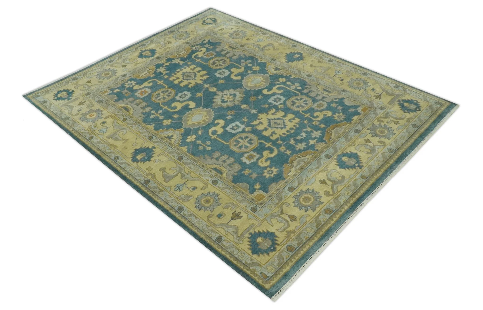 8x10 Hand Knotted Teal and Olive Traditional Oriental Oushak wool area rug - Image 10
