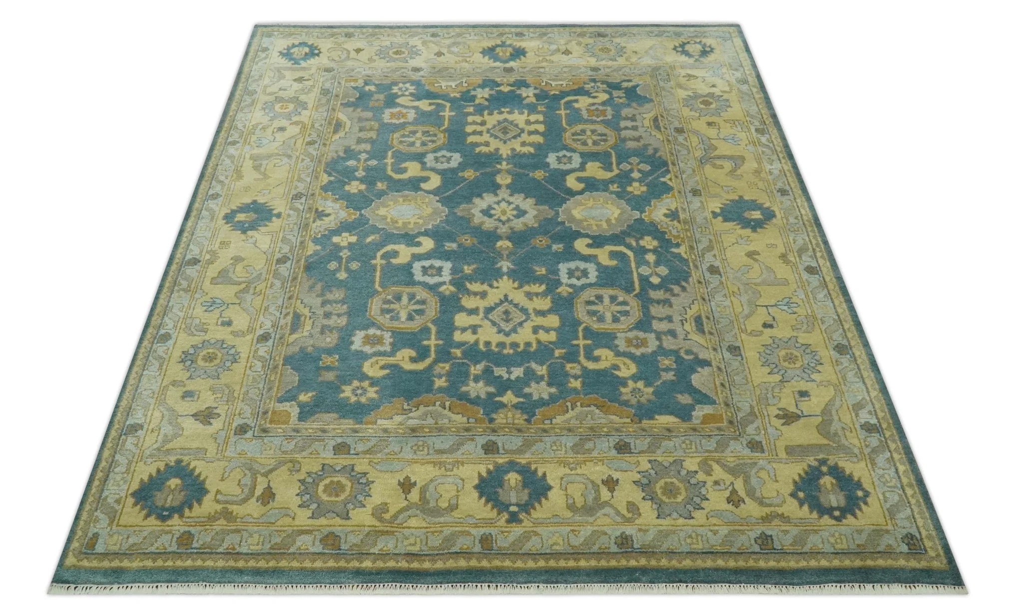 8x10 Hand Knotted Teal and Olive Traditional Oriental Oushak wool area rug - Image 11