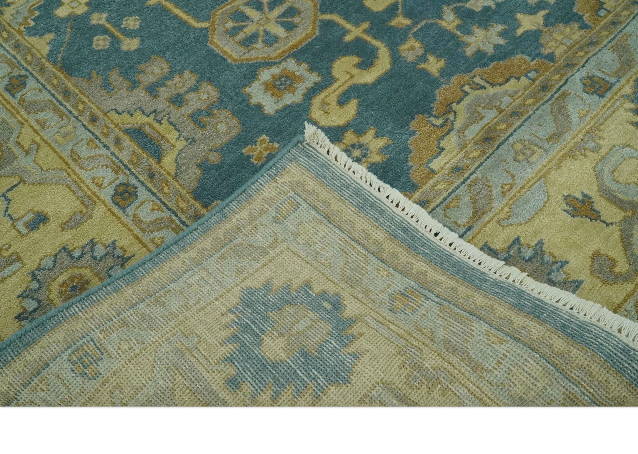 8x10 Hand Knotted Teal and Olive Traditional Oriental Oushak wool area rug - Image 7