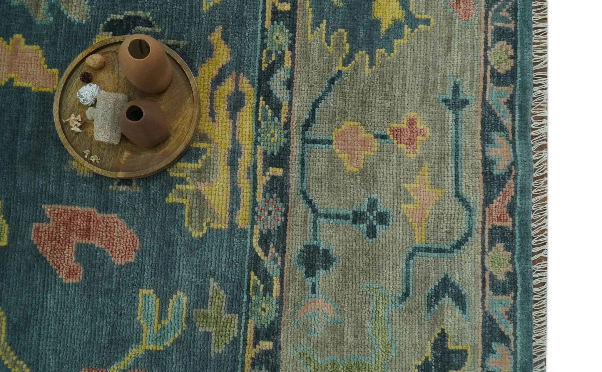Antique look Teal and Olive Hand Knotted Traditional Oushak Custom Made wool rug - Image 11