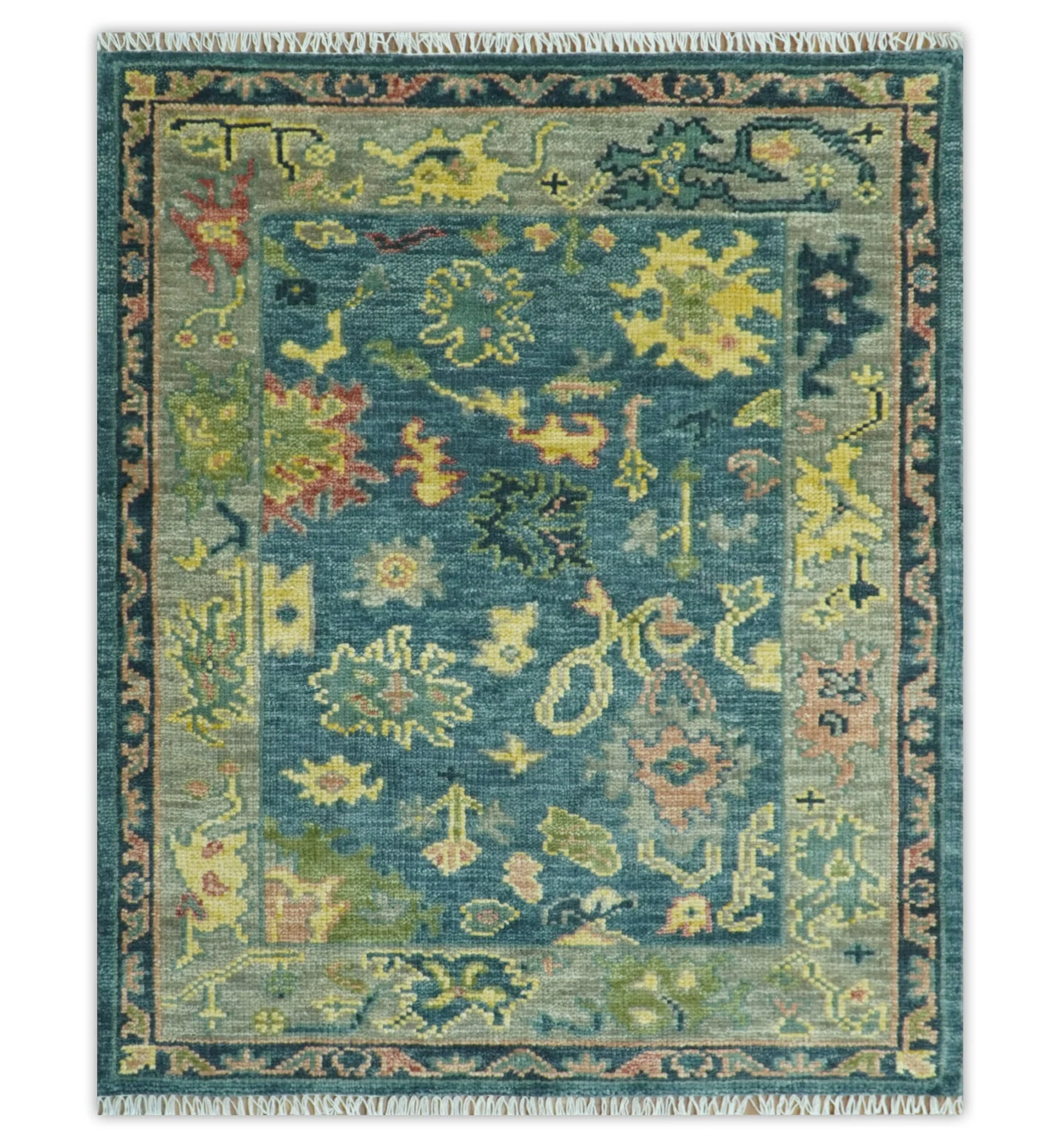 Antique look Teal and Olive Hand Knotted Traditional Oushak Custom Made wool rug - Image 12