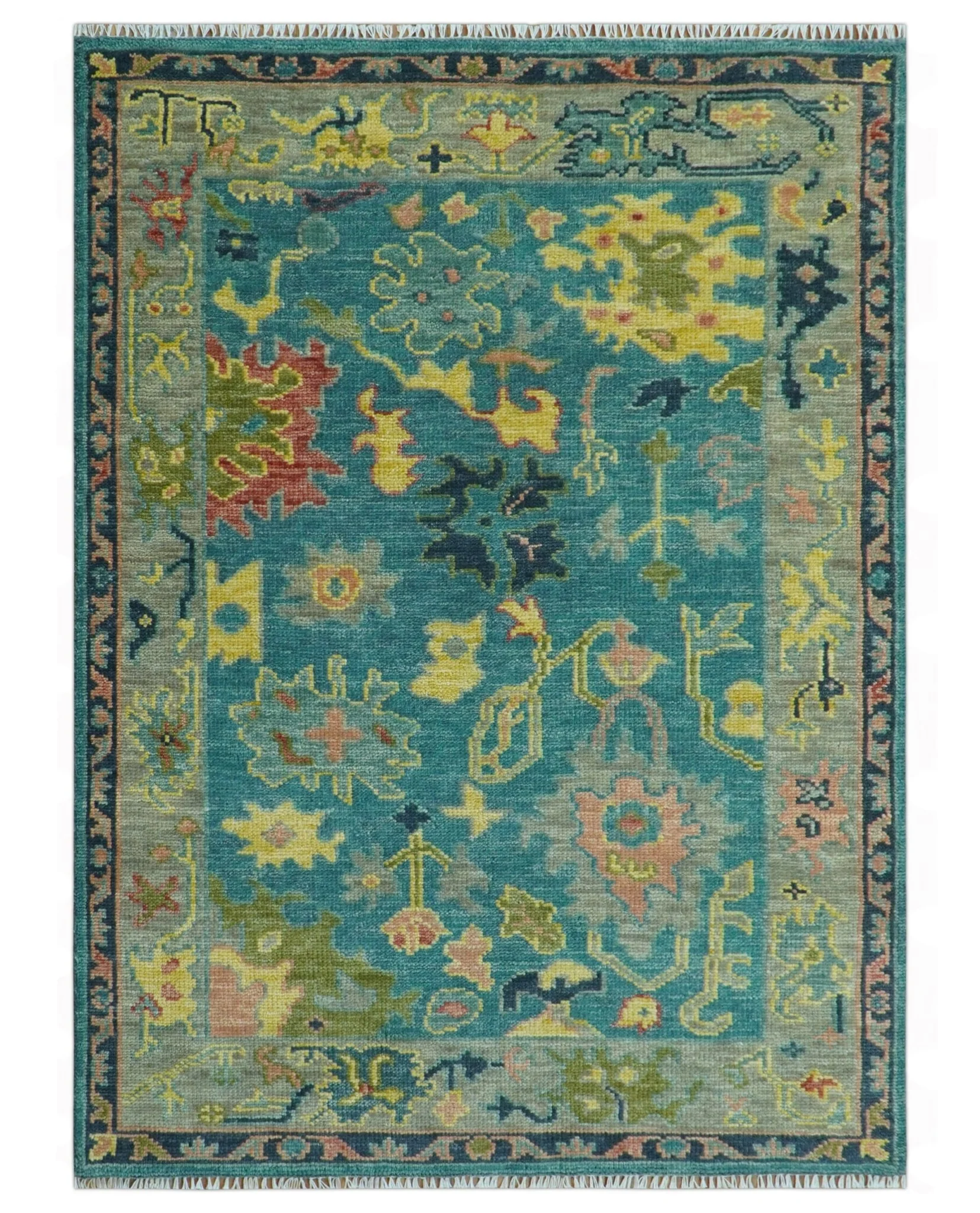 Antique look Teal and Olive Hand Knotted Traditional Oushak Custom Made wool rug - Image 13