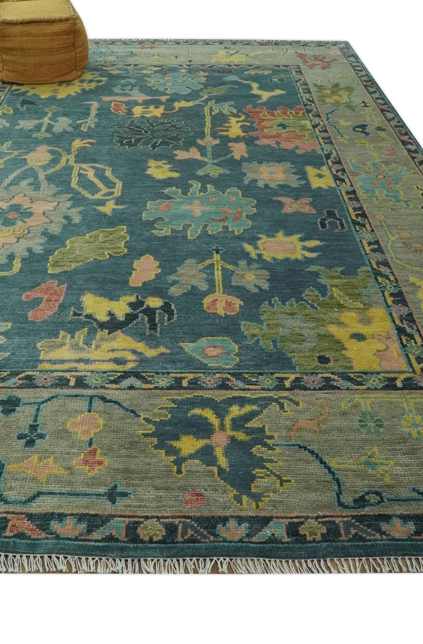 Antique look Teal and Olive Hand Knotted Traditional Oushak Custom Made wool rug - Image 3