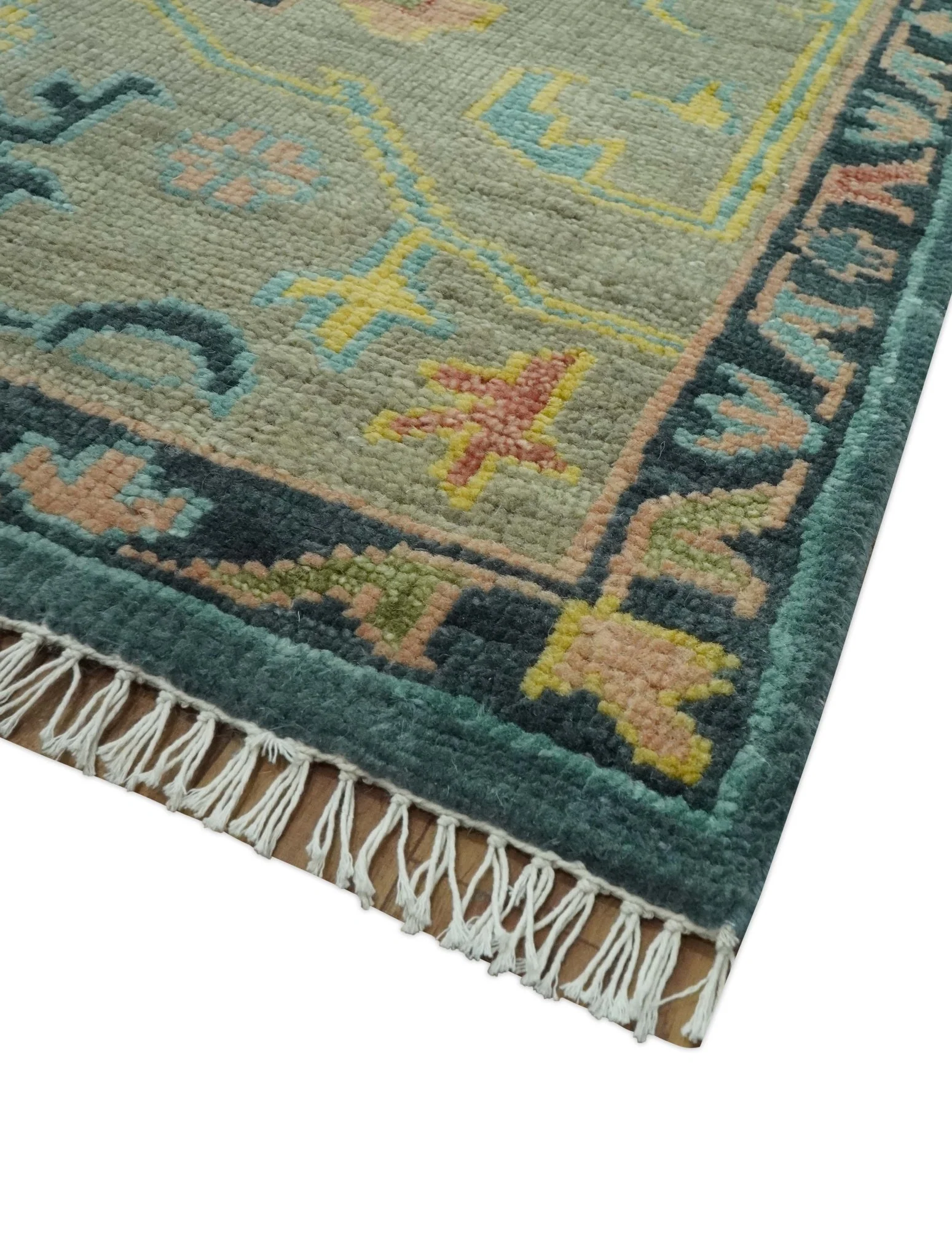 Antique look Teal and Olive Hand Knotted Traditional Oushak Custom Made wool rug - Image 5