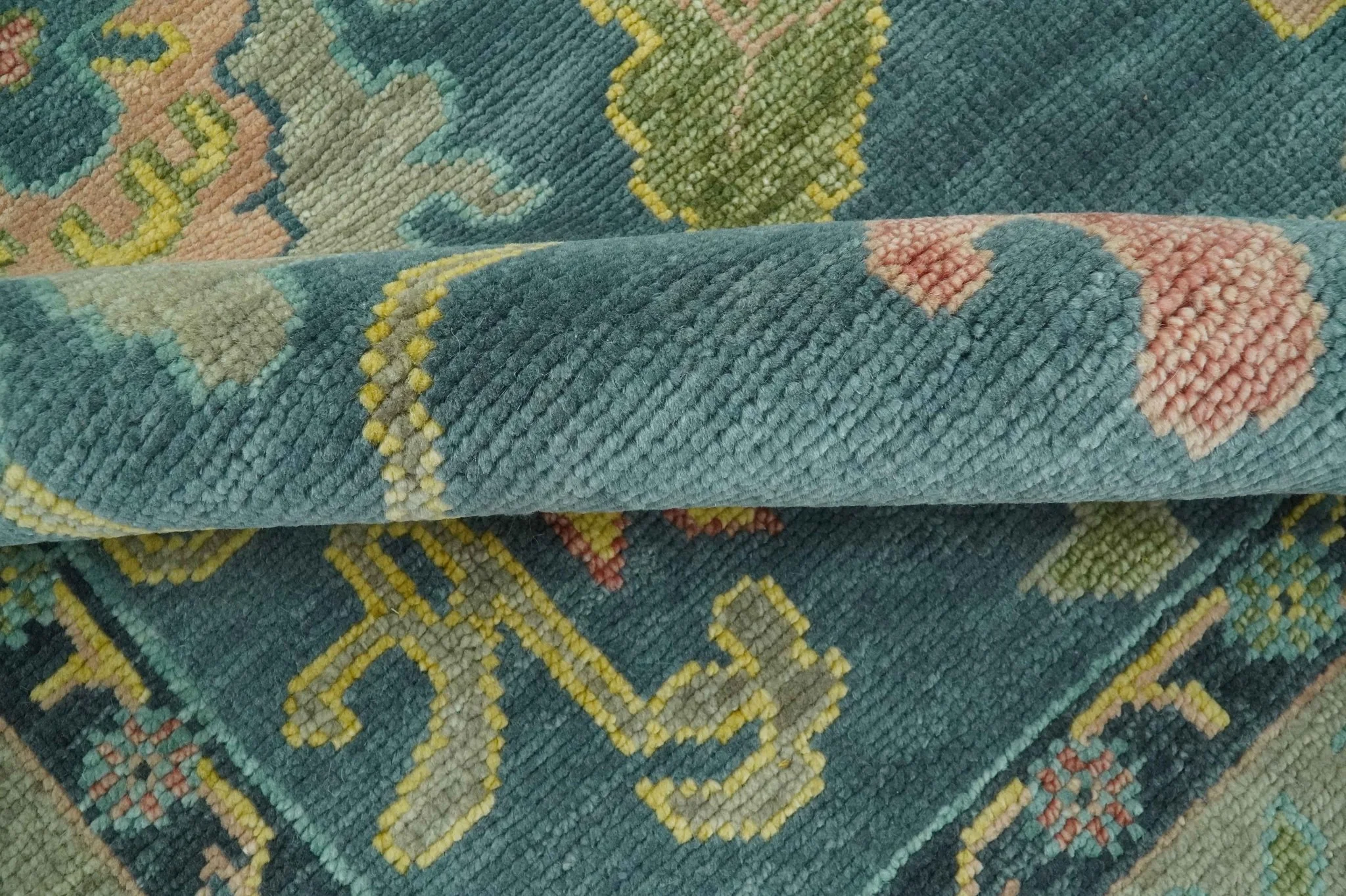 Antique look Teal and Olive Hand Knotted Traditional Oushak Custom Made wool rug - Image 6
