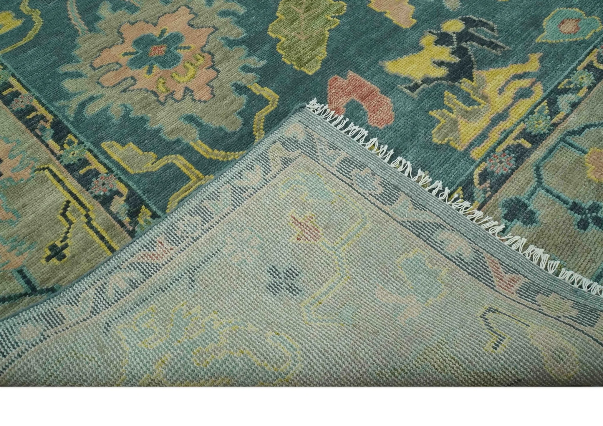 Antique look Teal and Olive Hand Knotted Traditional Oushak Custom Made wool rug - Image 7