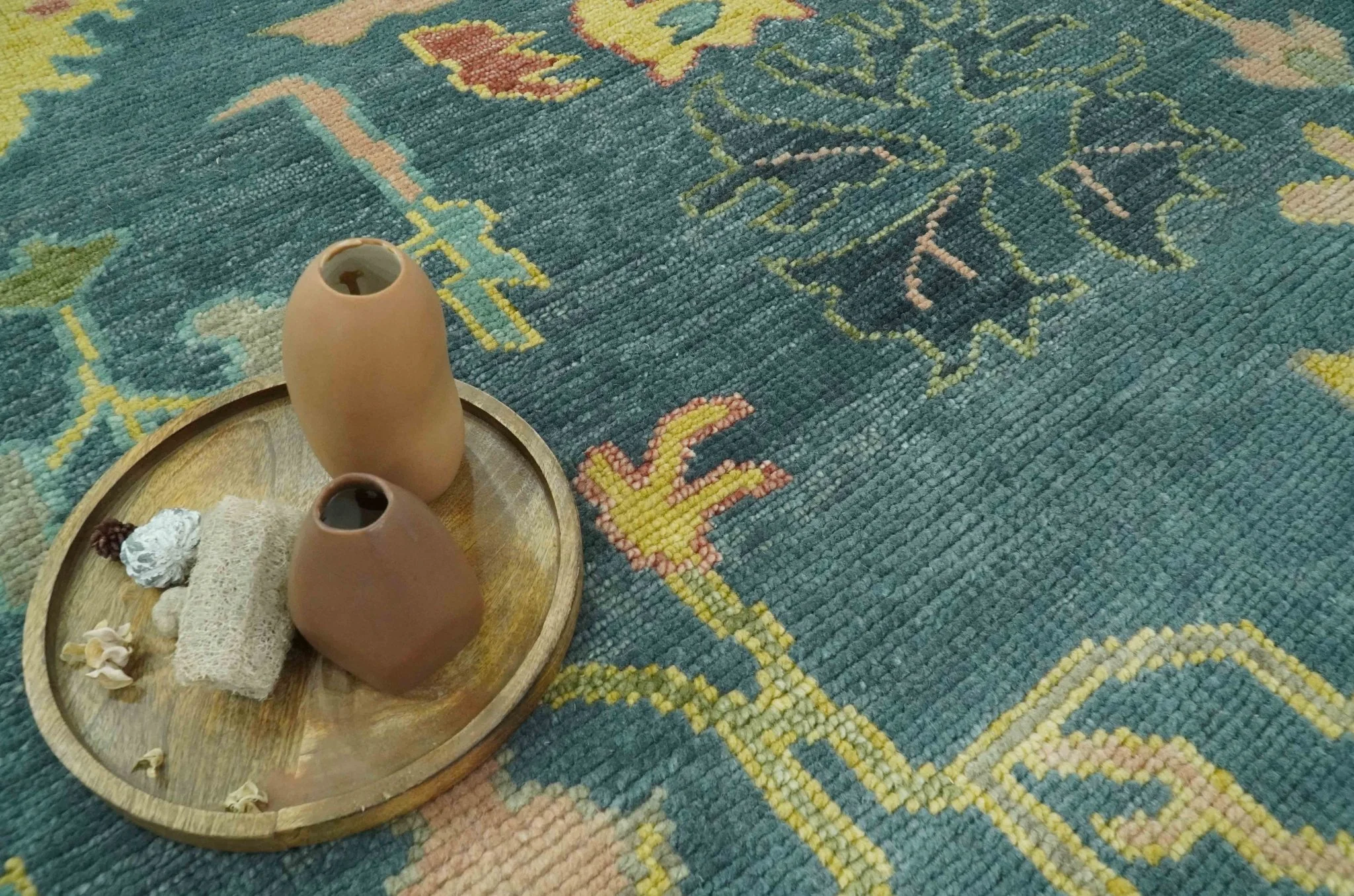 Antique look Teal and Olive Hand Knotted Traditional Oushak Custom Made wool rug - Image 9