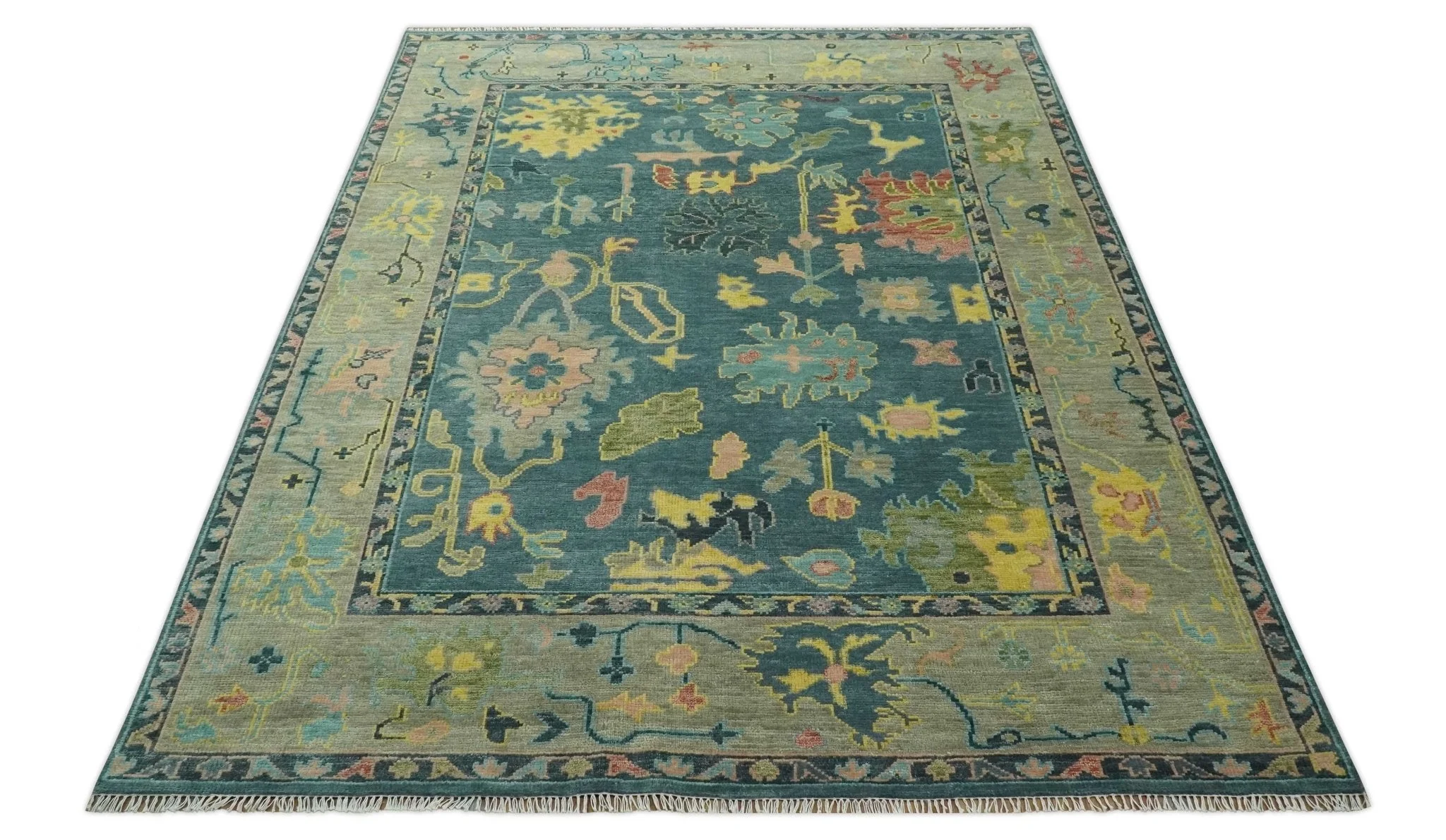 Antique look Teal and Olive 9x12 Hand Knotted Traditional Oushak wool rug - Image 10