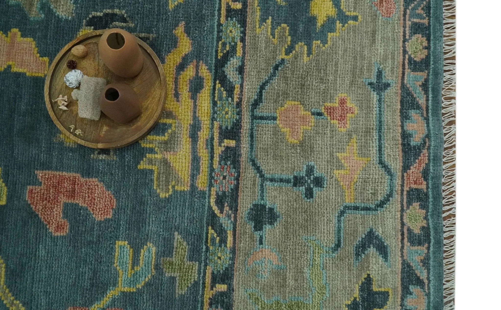 Antique look Teal and Olive 9x12 Hand Knotted Traditional Oushak wool rug - Image 11