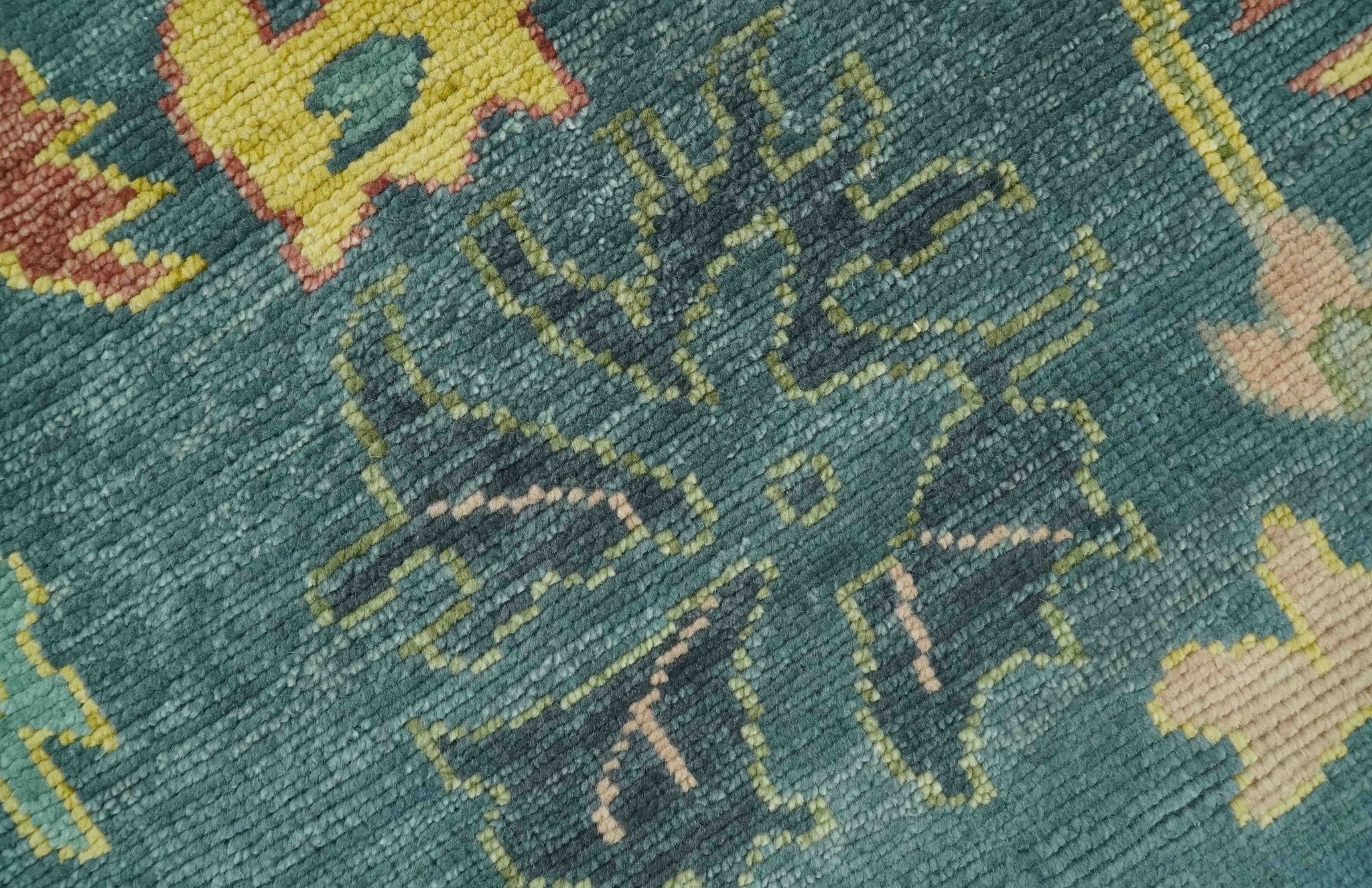 Antique look Teal and Olive 9x12 Hand Knotted Traditional Oushak wool rug - Image 4