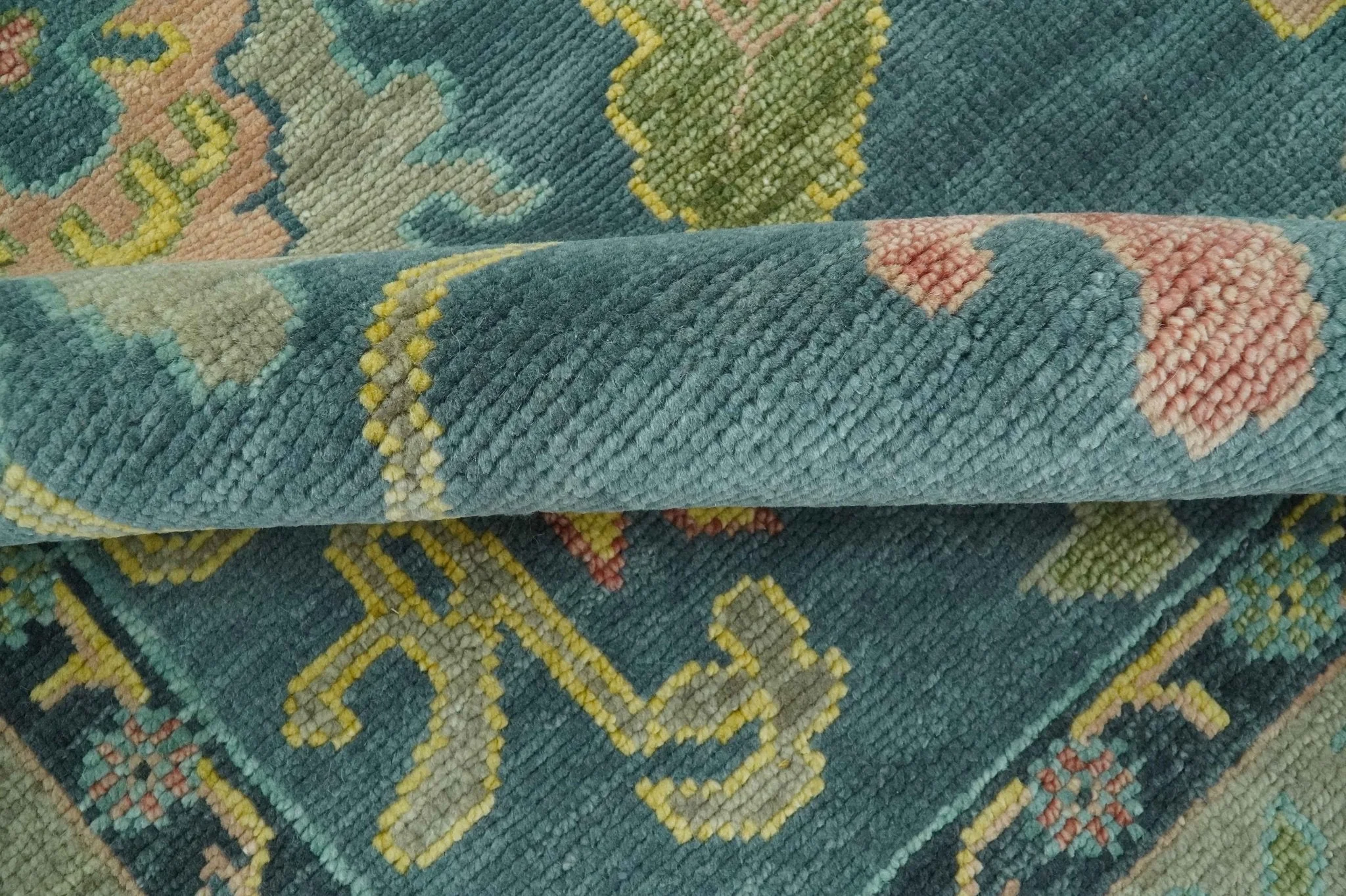 Antique look Teal and Olive 9x12 Hand Knotted Traditional Oushak wool rug - Image 6