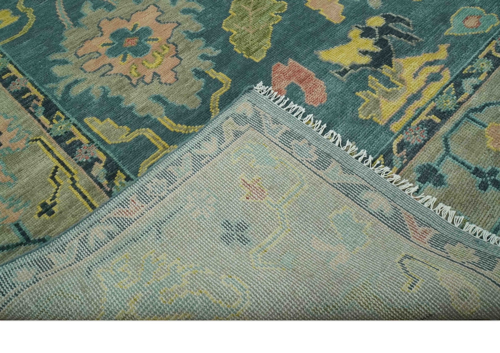 Antique look Teal and Olive 9x12 Hand Knotted Traditional Oushak wool rug - Image 7