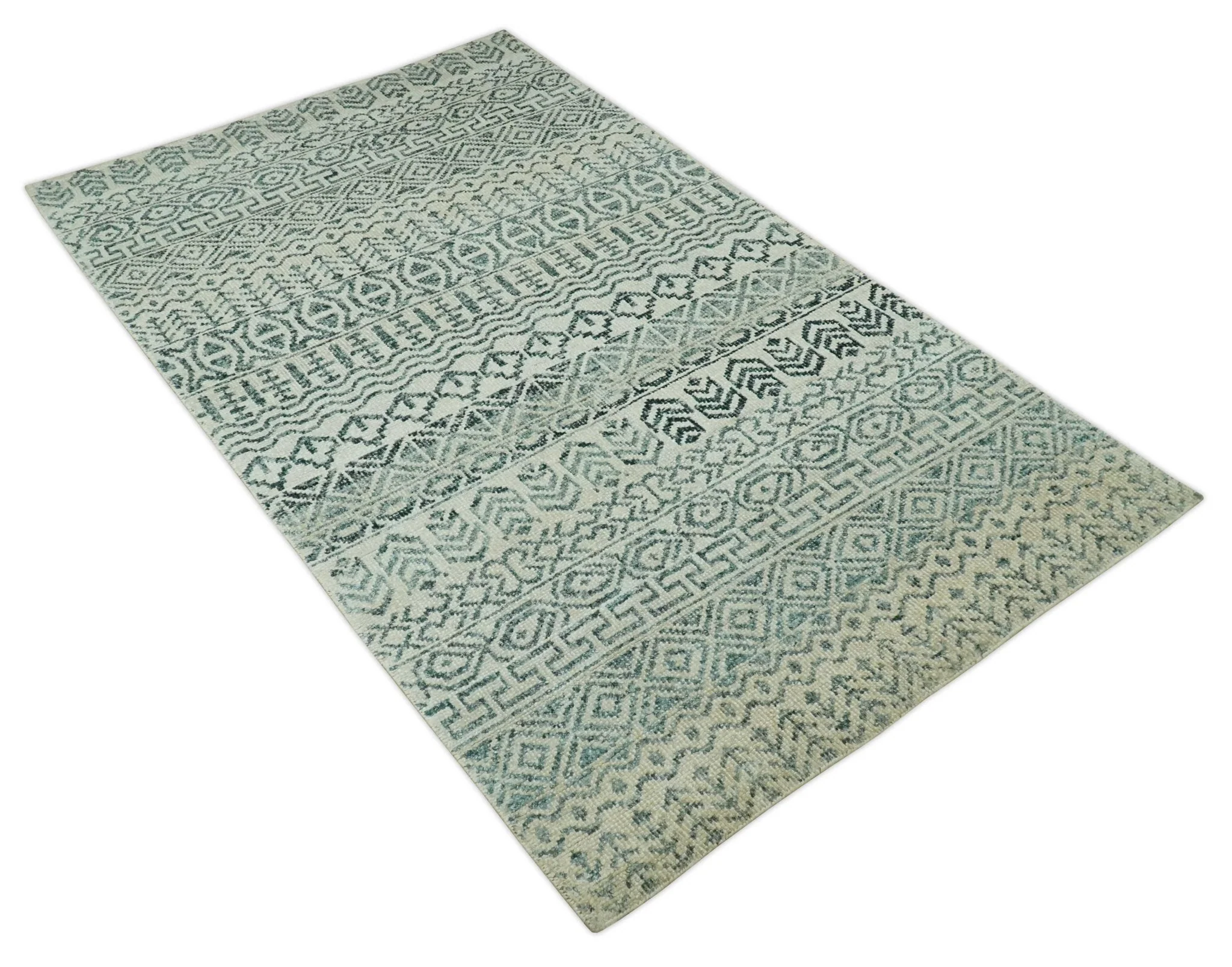 5x8 Teal and Silver Hand Knotted Southwestern Tribal Trellis wool Area Rug - Image 9