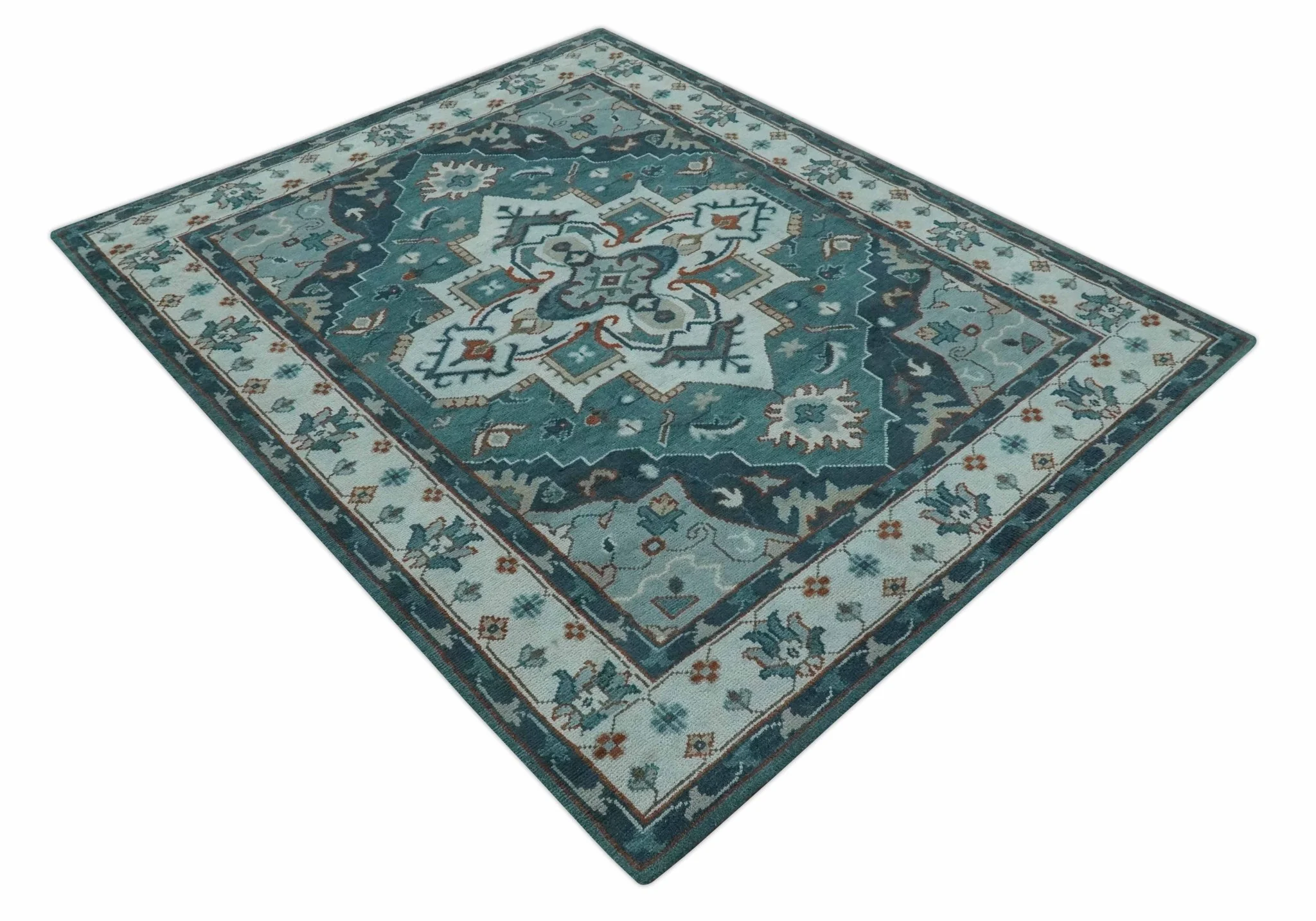 Teal and Silver Traditional Heriz Floral Hand Knotted Multi Size wool Area Rug - Image 10