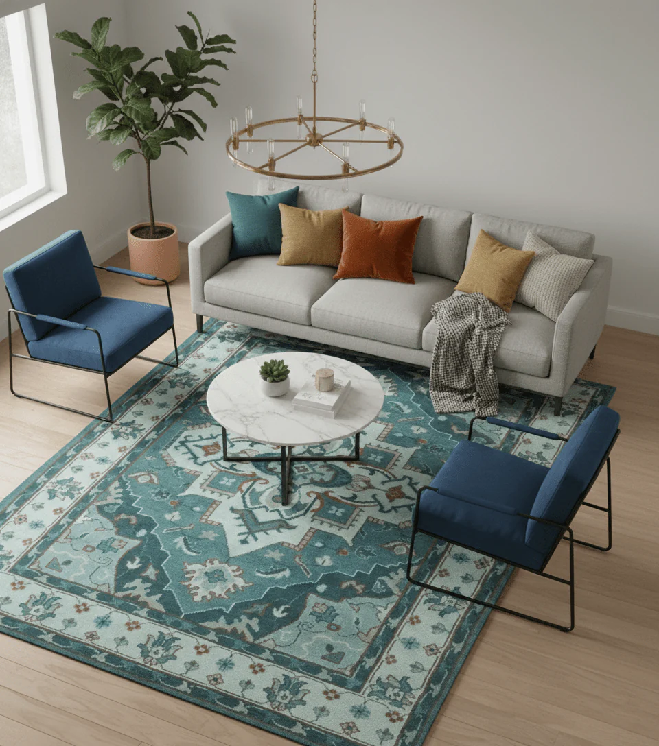 Teal and Silver Traditional Heriz Floral Hand Knotted Multi Size wool Area Rug - Image 2