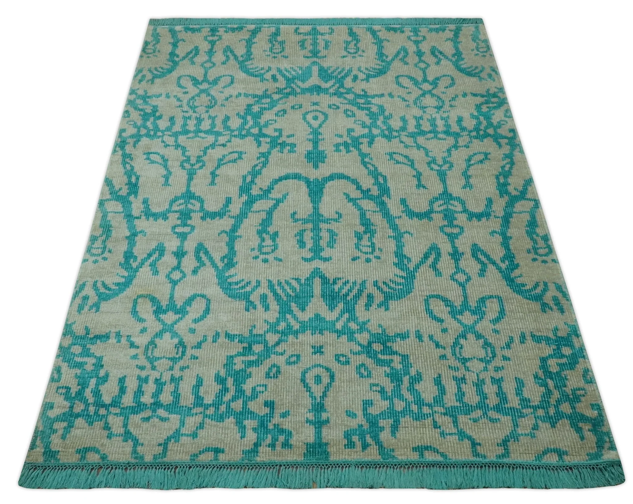5.8x8 Teal and Beige Hand Knotted Traditional large Design viscoseArea Rug - Image 10