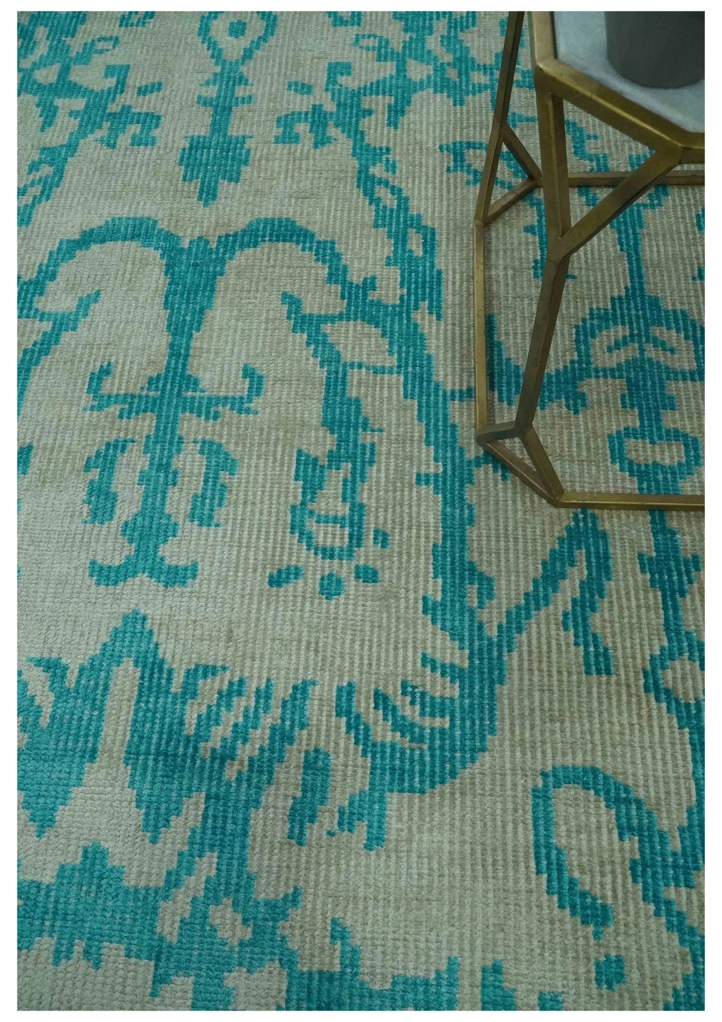 5.8x8 Teal and Beige Hand Knotted Traditional large Design viscoseArea Rug - Image 2