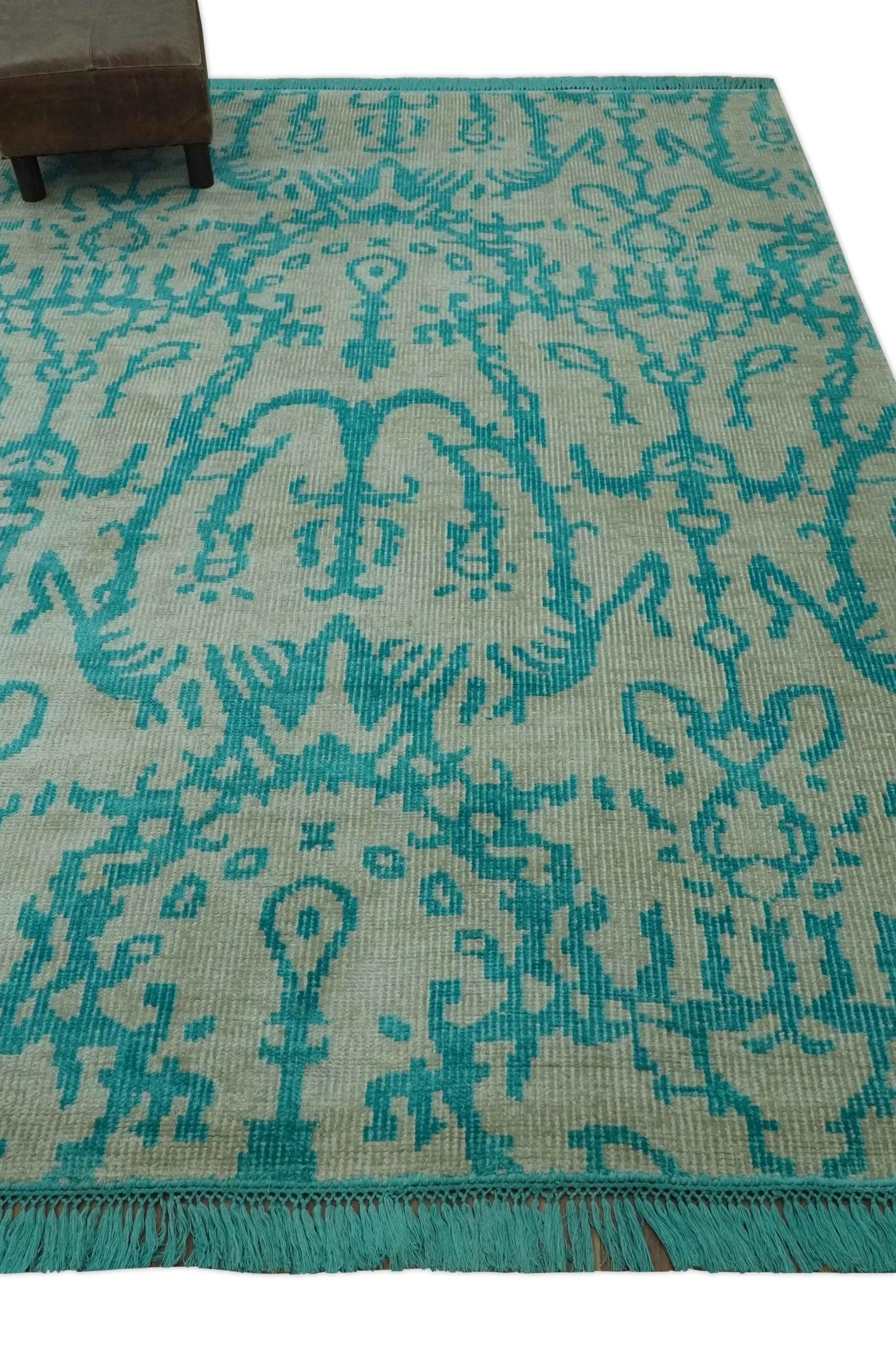 5.8x8 Teal and Beige Hand Knotted Traditional large Design viscoseArea Rug - Image 3