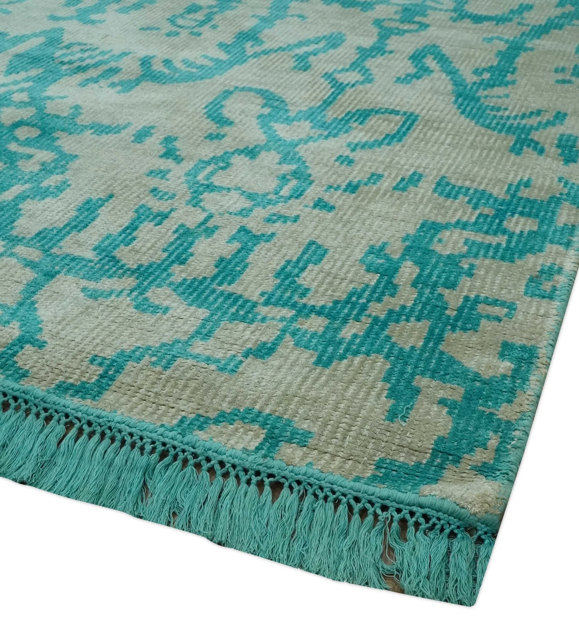 5.8x8 Teal and Beige Hand Knotted Traditional large Design viscoseArea Rug - Image 5