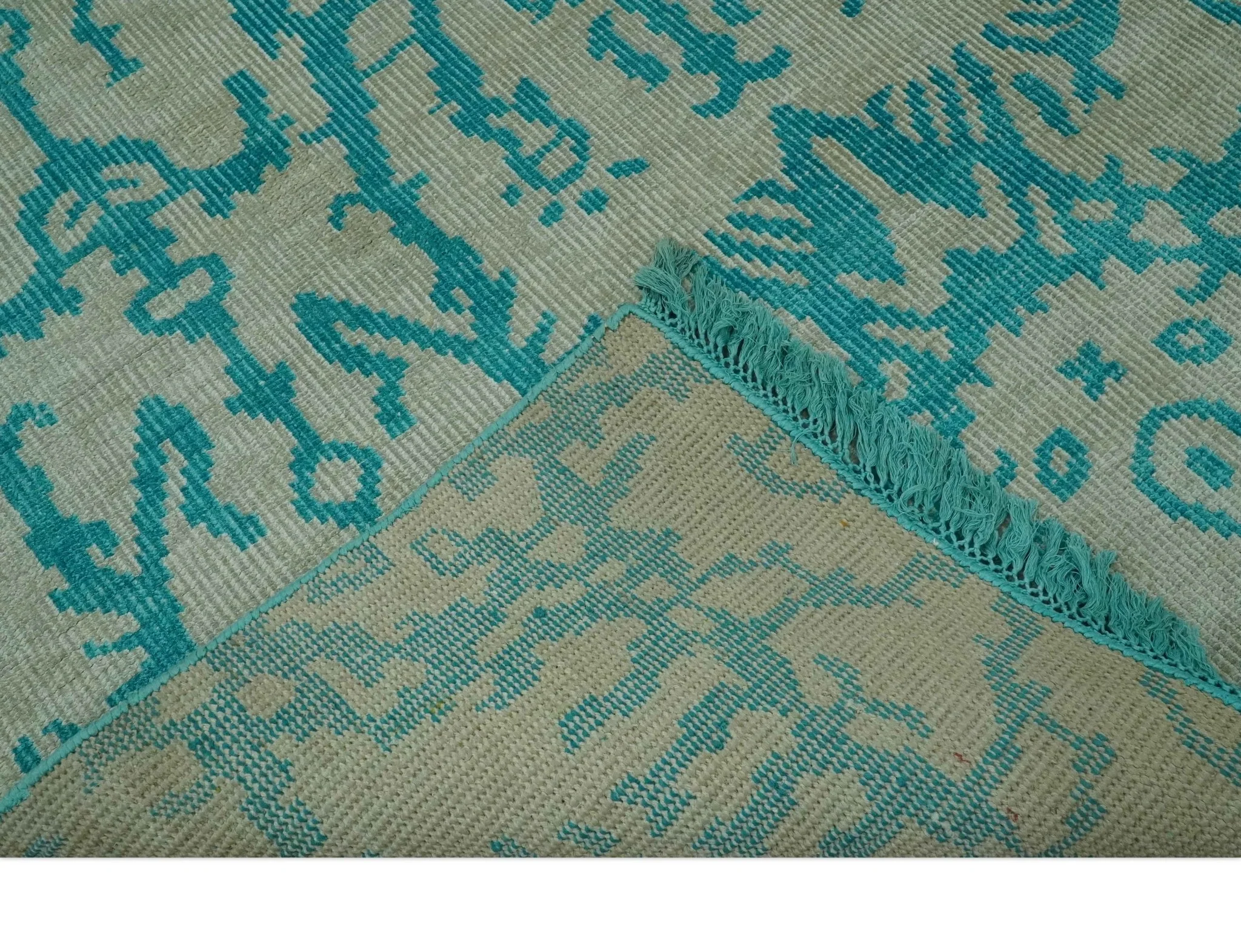 5.8x8 Teal and Beige Hand Knotted Traditional large Design viscoseArea Rug - Image 6