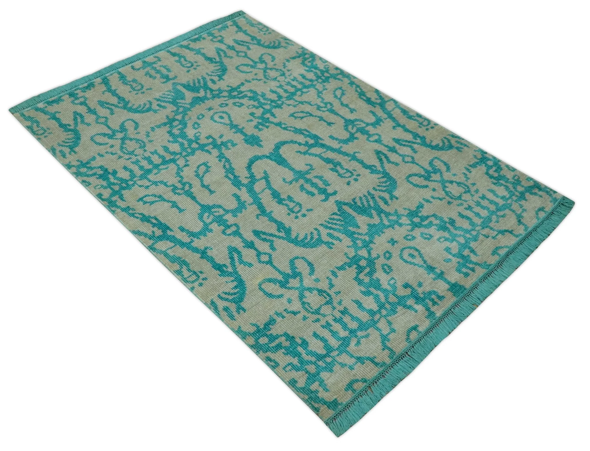 5.8x8 Teal and Beige Hand Knotted Traditional large Design viscoseArea Rug - Image 9