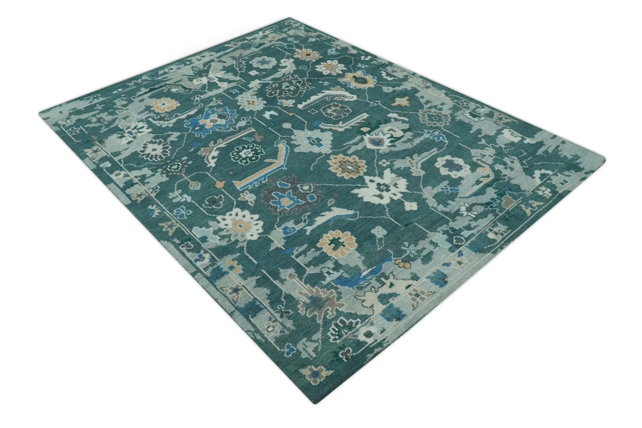 Custom Made Teal and Silver Traditional Oriental Oushak wool Area Rug - Image 10