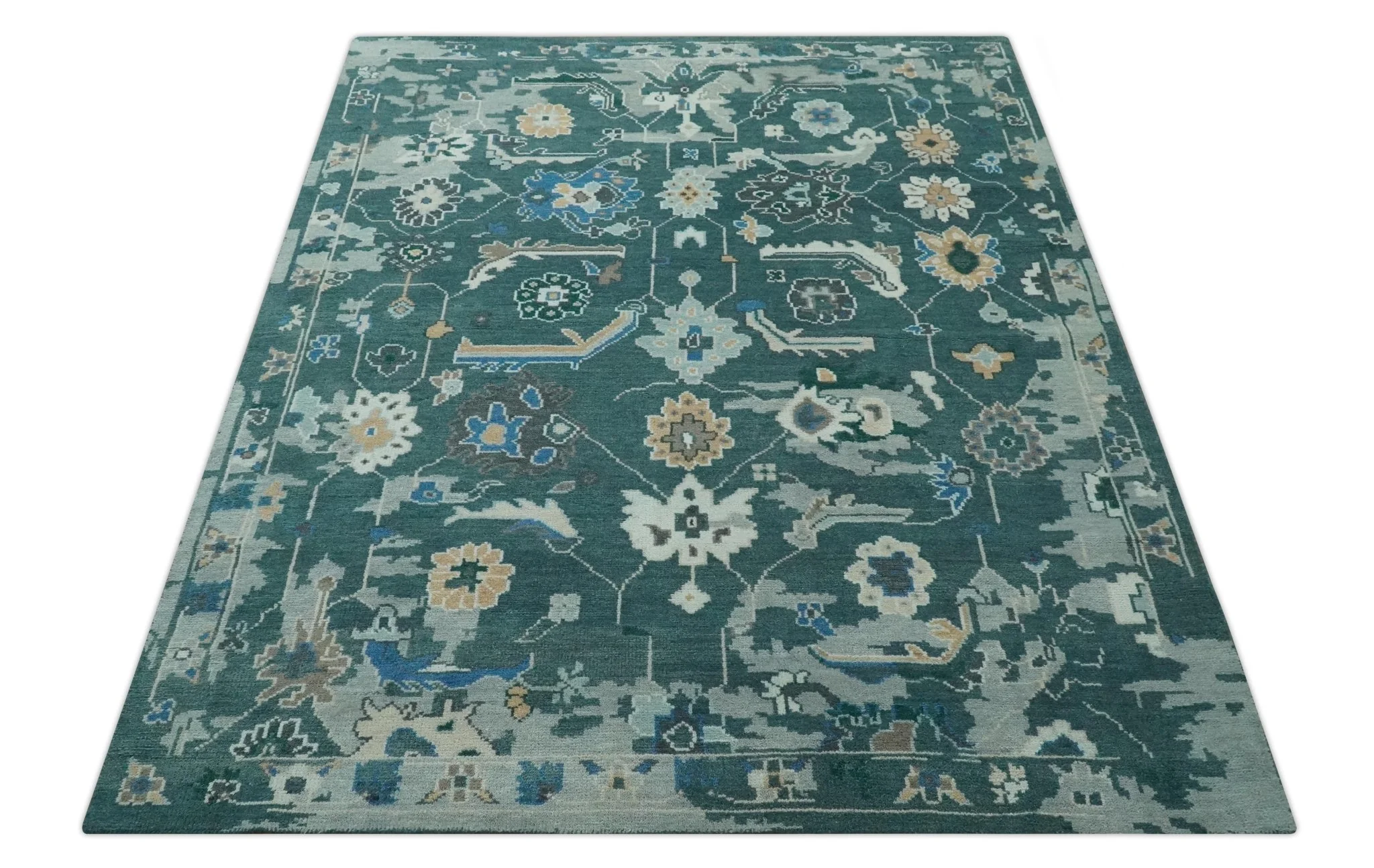 Custom Made Teal and Silver Traditional Oriental Oushak wool Area Rug - Image 11