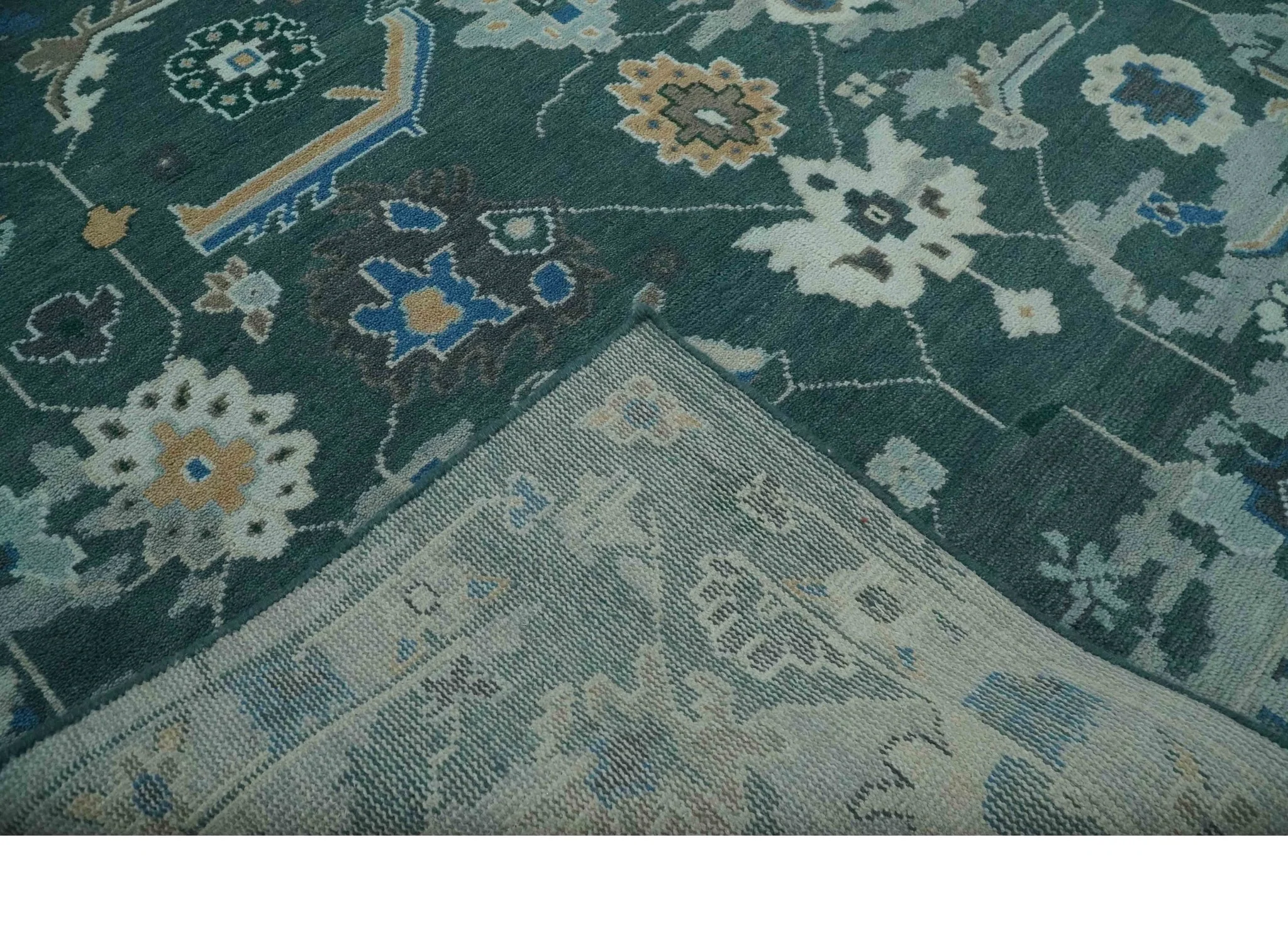 Custom Made Teal and Silver Traditional Oriental Oushak wool Area Rug - Image 8