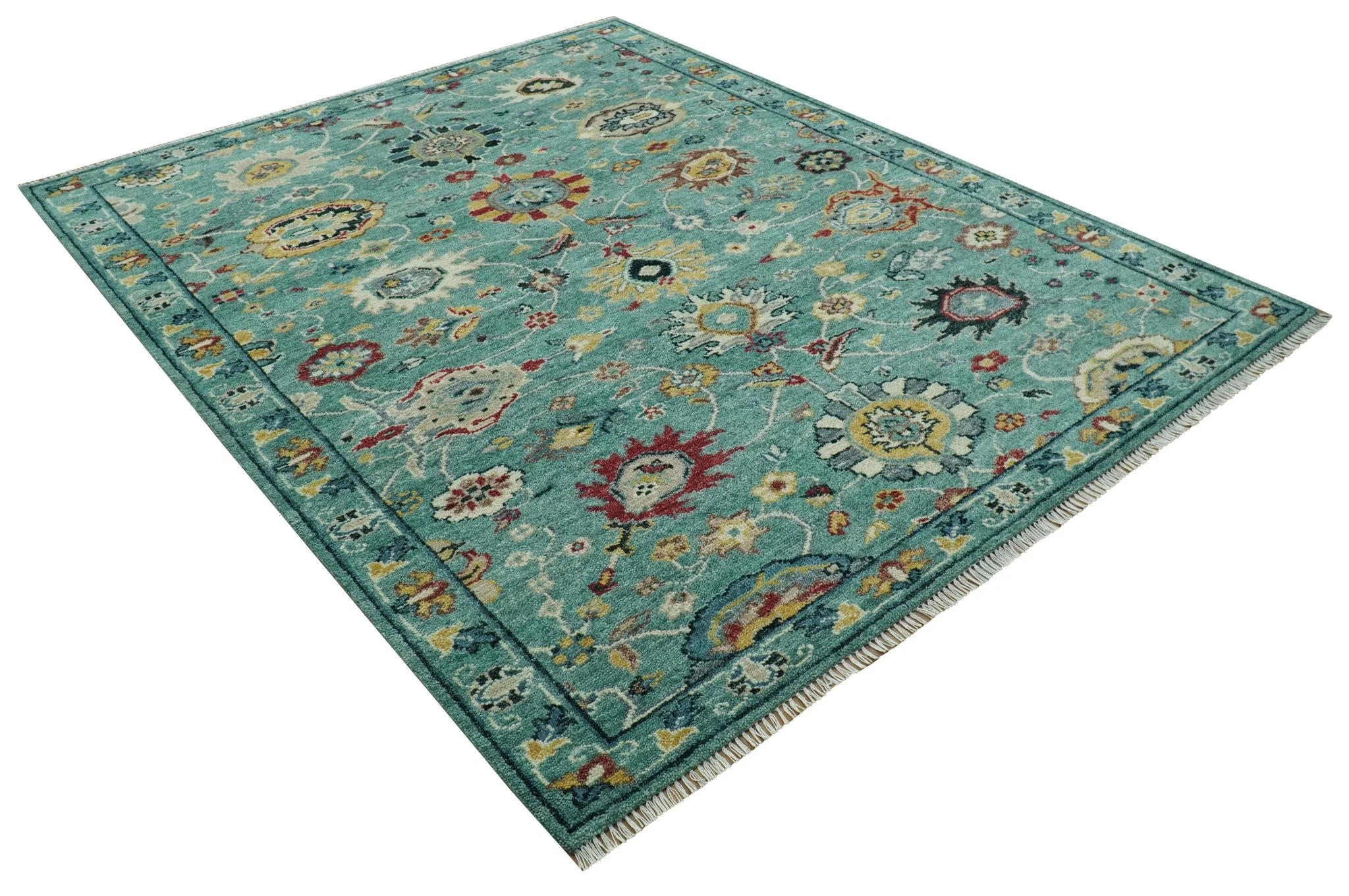 Teal And Yellow Modern Oushak Style Hand Knotted Custom Made Wool Rug - Image 11