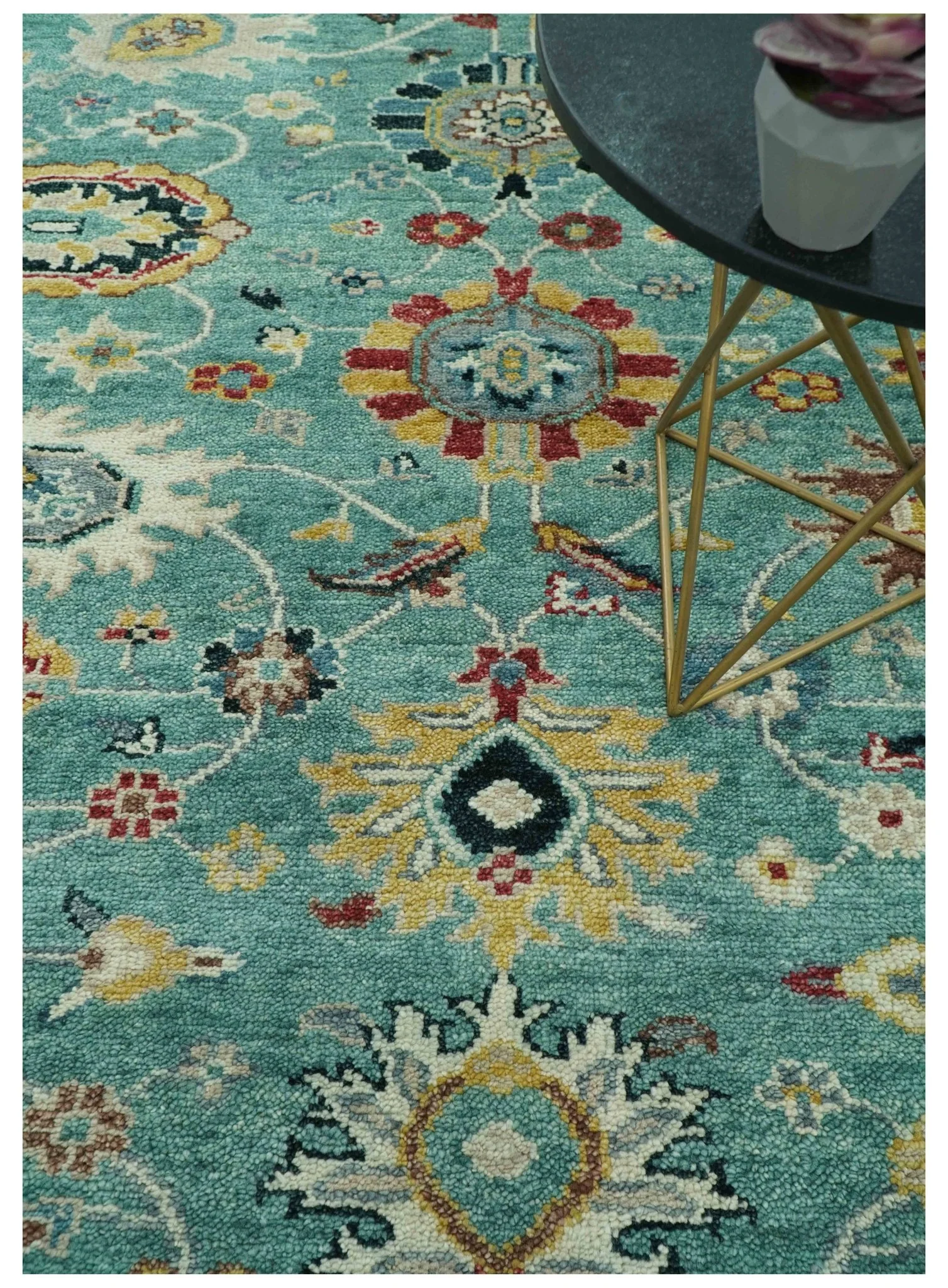 Teal And Yellow Modern Oushak Style Hand Knotted Custom Made Wool Rug - Image 3