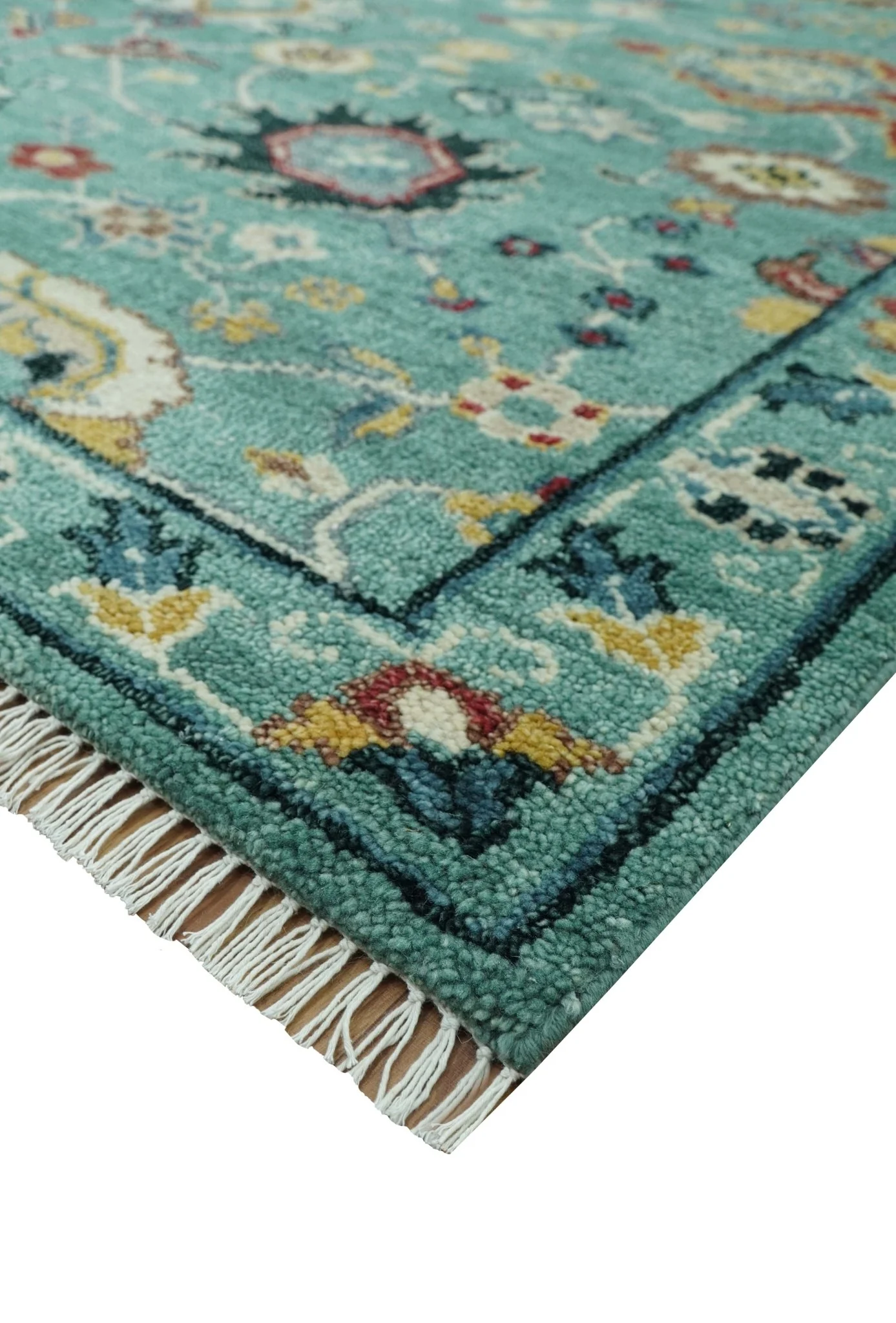Teal And Yellow Modern Oushak Style Hand Knotted Custom Made Wool Rug - Image 4