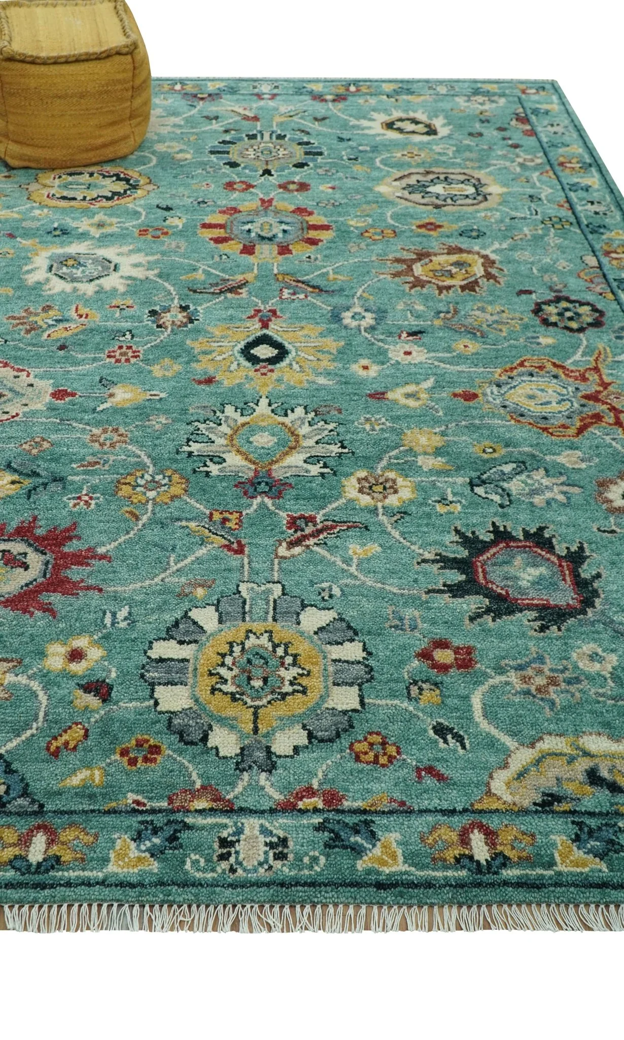 Teal And Yellow Modern Oushak Style Hand Knotted Custom Made Wool Rug - Image 9