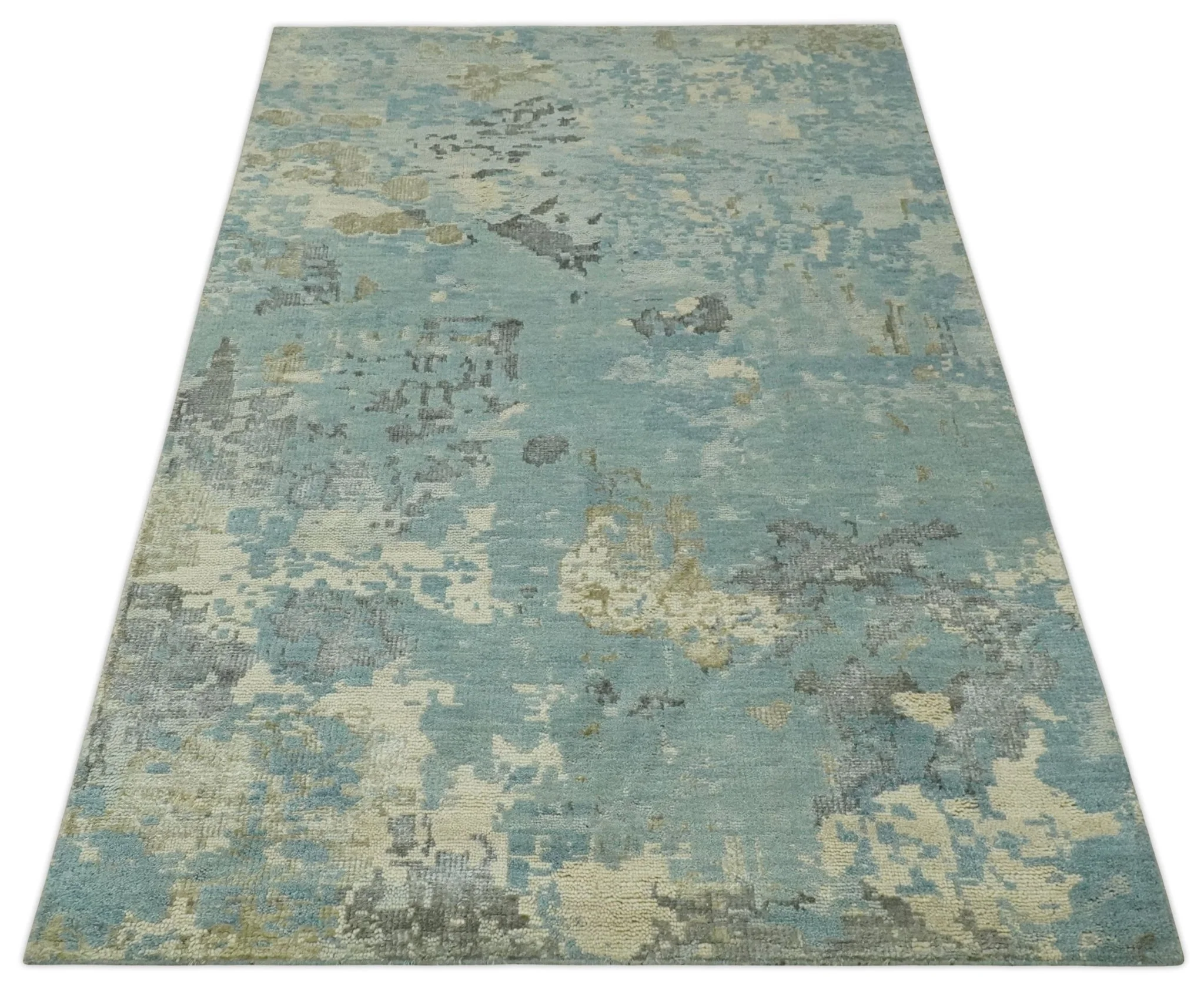 Teal, Beige, Silver and Charcoal Modern abstract Hand Knotted 5x8 wool Area Rug - Image 10