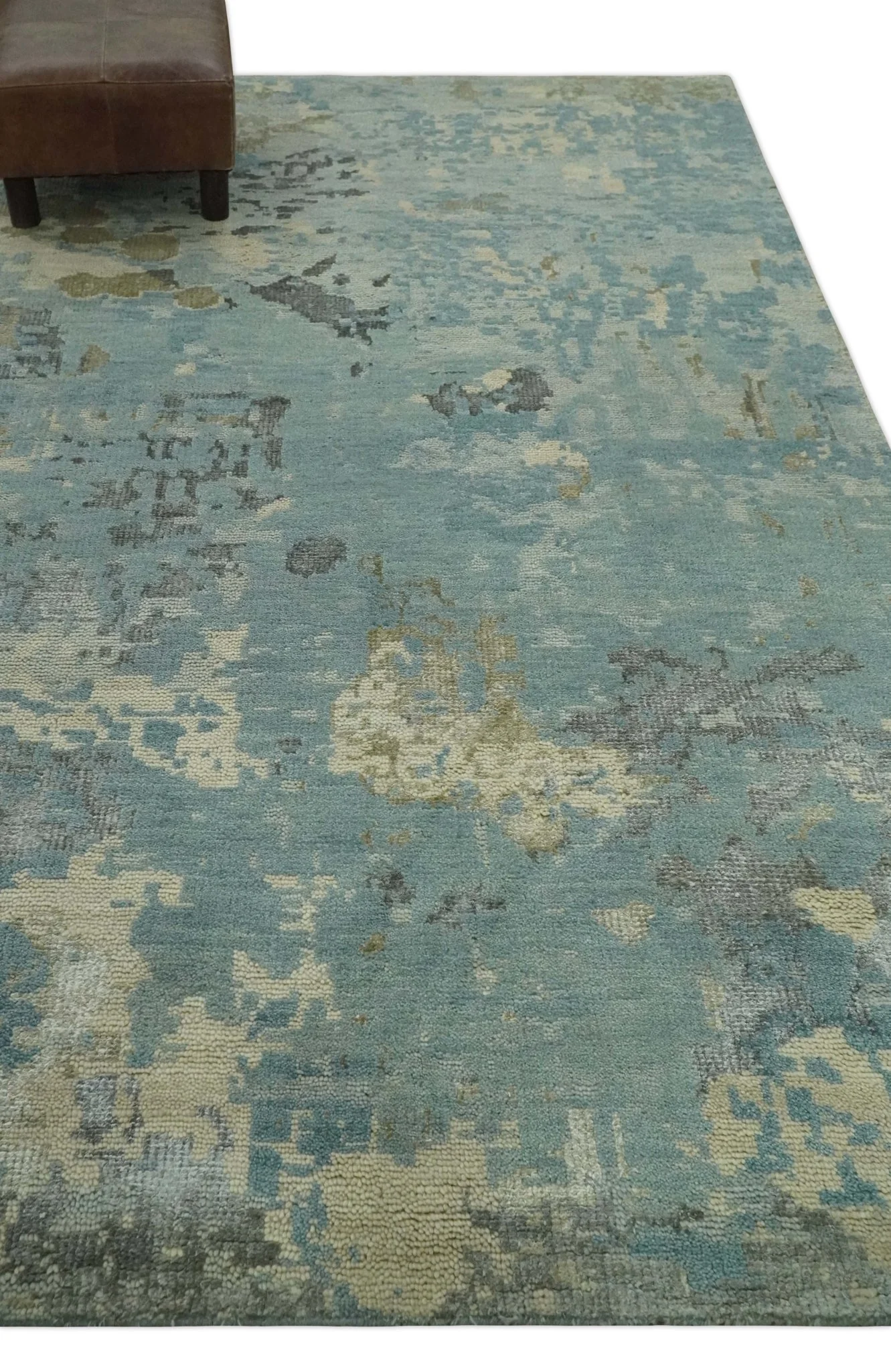Teal, Beige, Silver and Charcoal Modern abstract Hand Knotted 5x8 wool Area Rug - Image 3