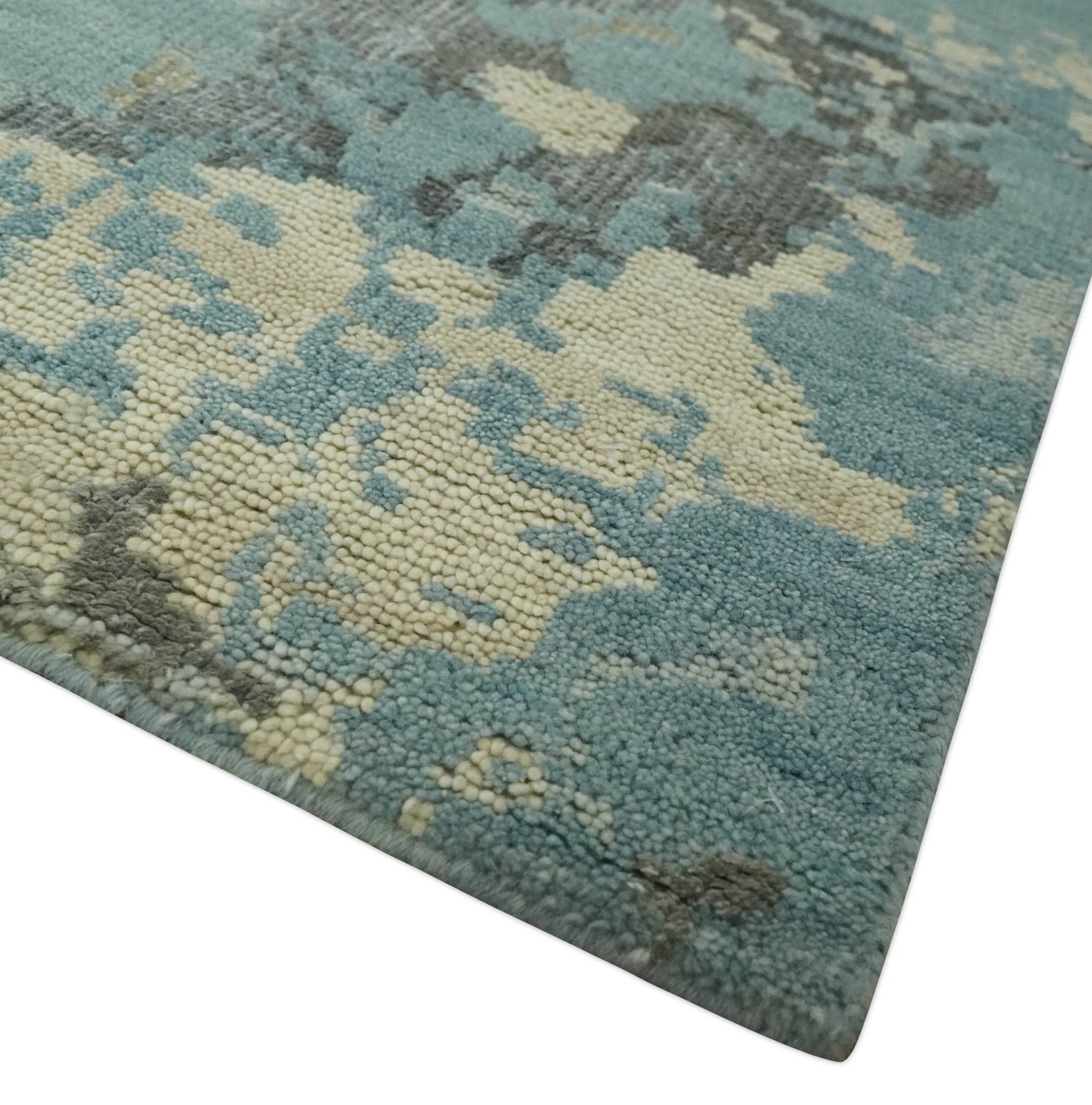 Teal, Beige, Silver and Charcoal Modern abstract Hand Knotted 5x8 wool Area Rug - Image 5