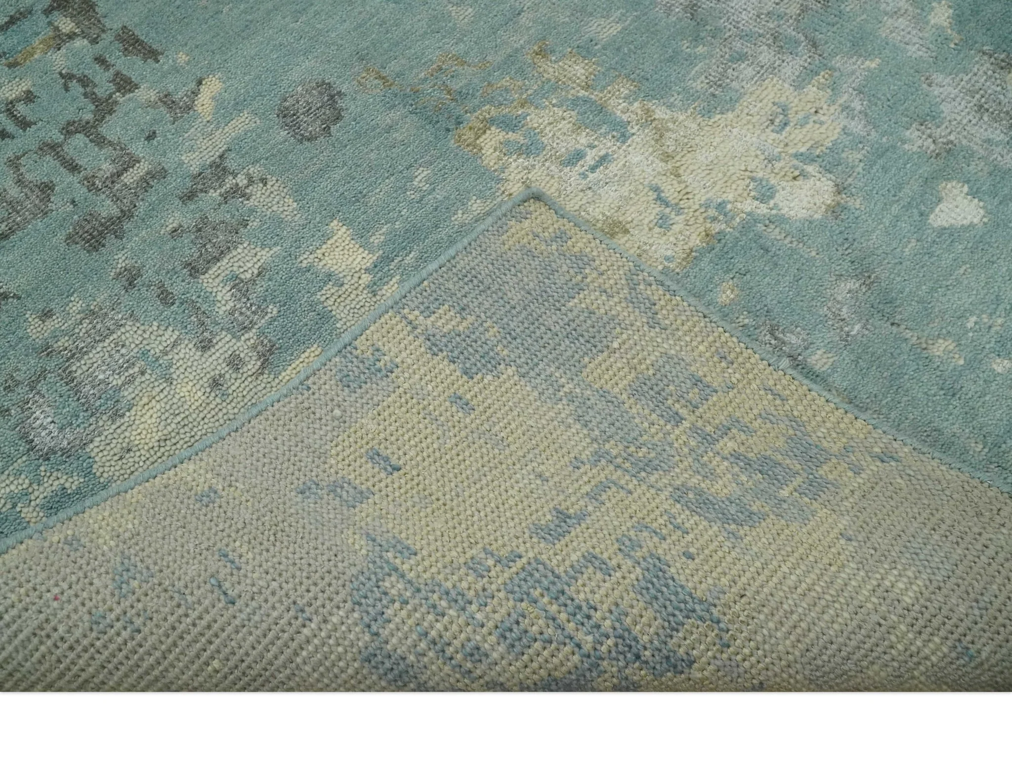 Teal, Beige, Silver and Charcoal Modern abstract Hand Knotted 5x8 wool Area Rug - Image 6