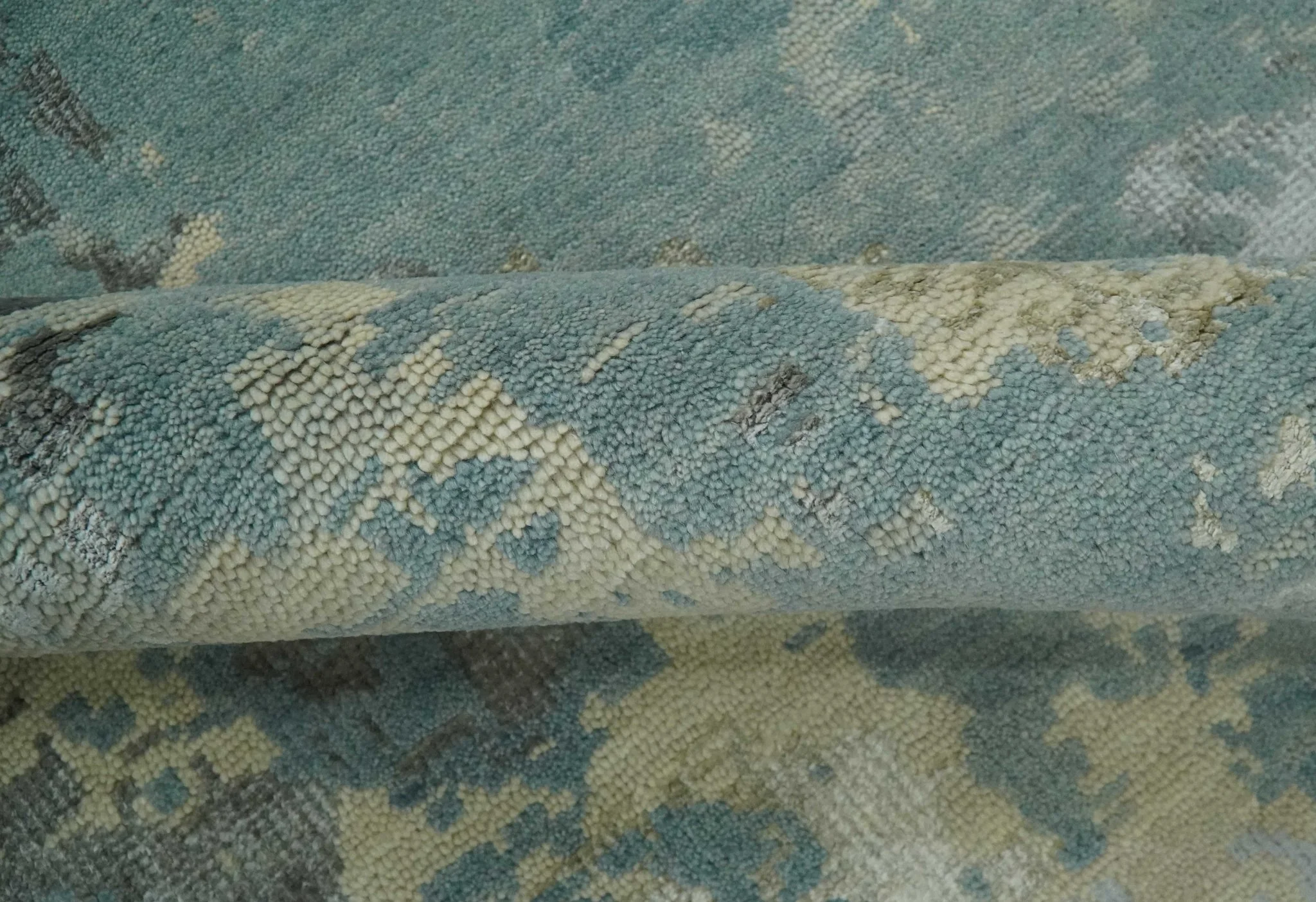 Teal, Beige, Silver and Charcoal Modern abstract Hand Knotted 5x8 wool Area Rug - Image 7