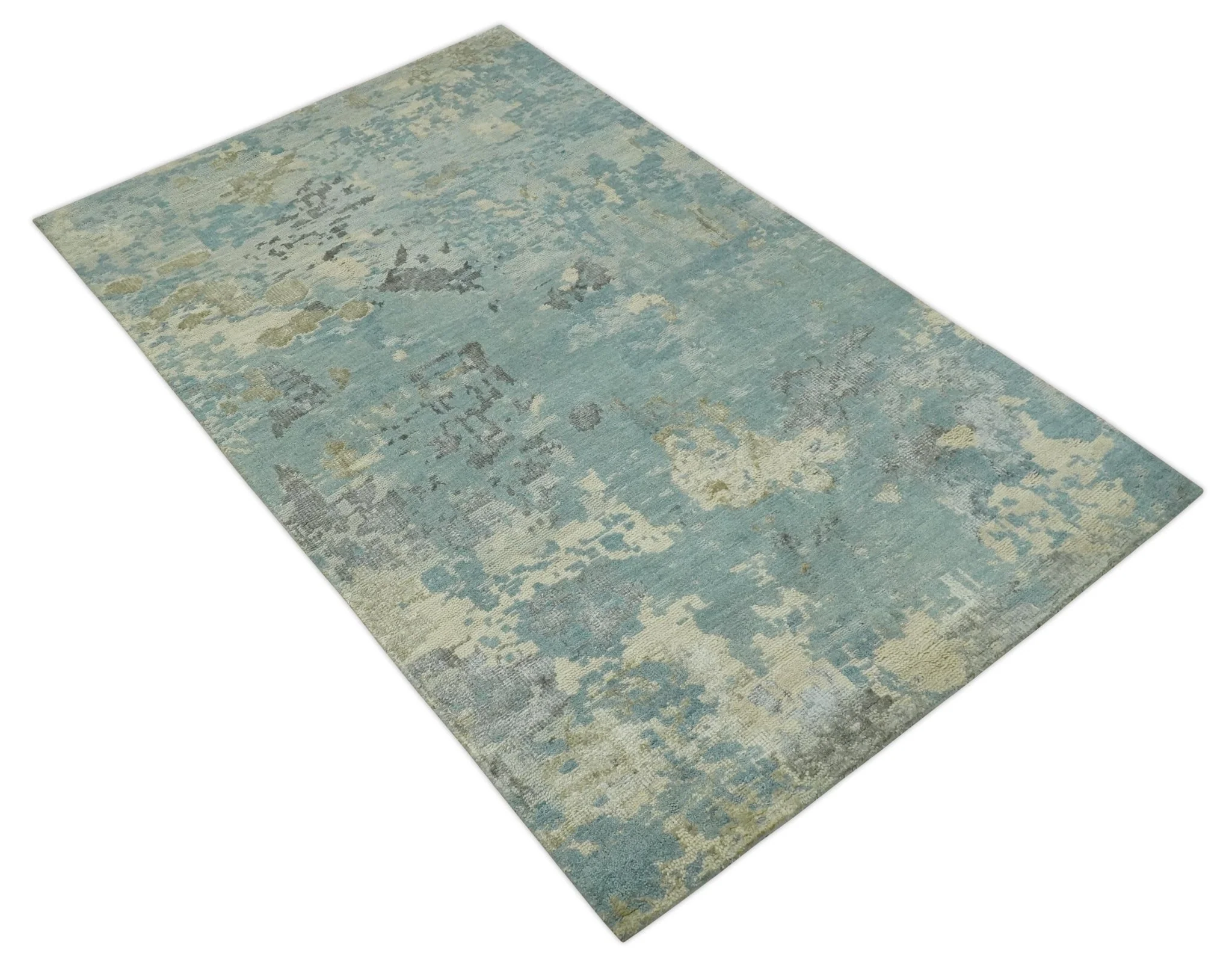 Teal, Beige, Silver and Charcoal Modern abstract Hand Knotted 5x8 wool Area Rug - Image 9