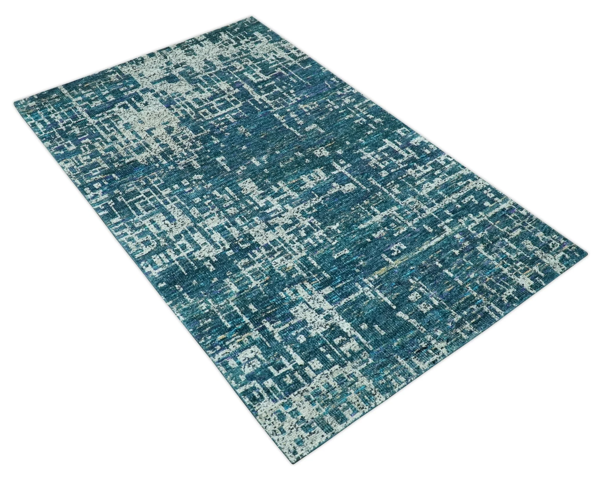 Teal, Blue and Silver 5x8 Hand Knotted Modern Abstract Art Silk Area Rug - Image 10